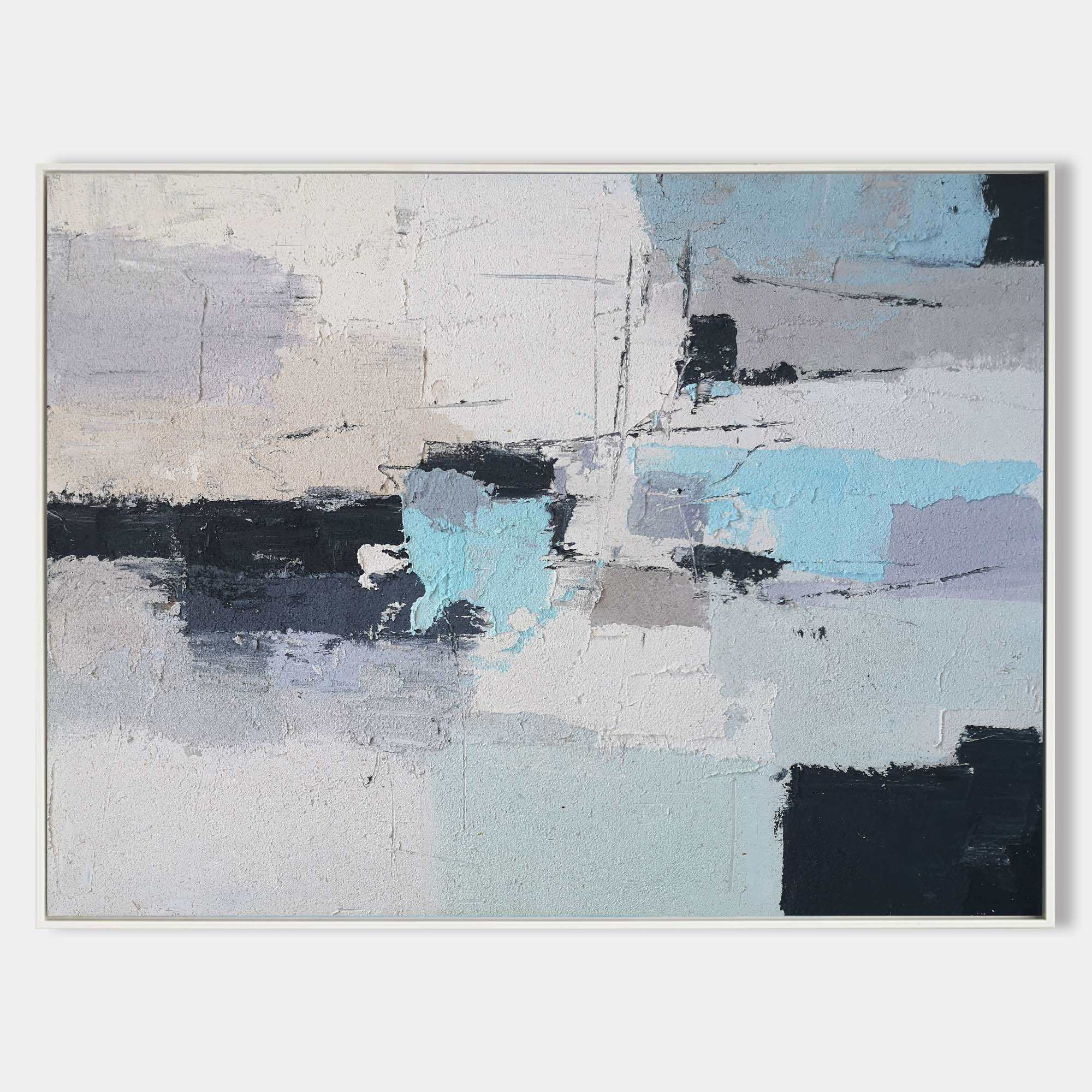 Original hand painted icy blue charcoal grey abstract oil painting canvas wall art, nordic scandinavian minimalist elegant luxury moder