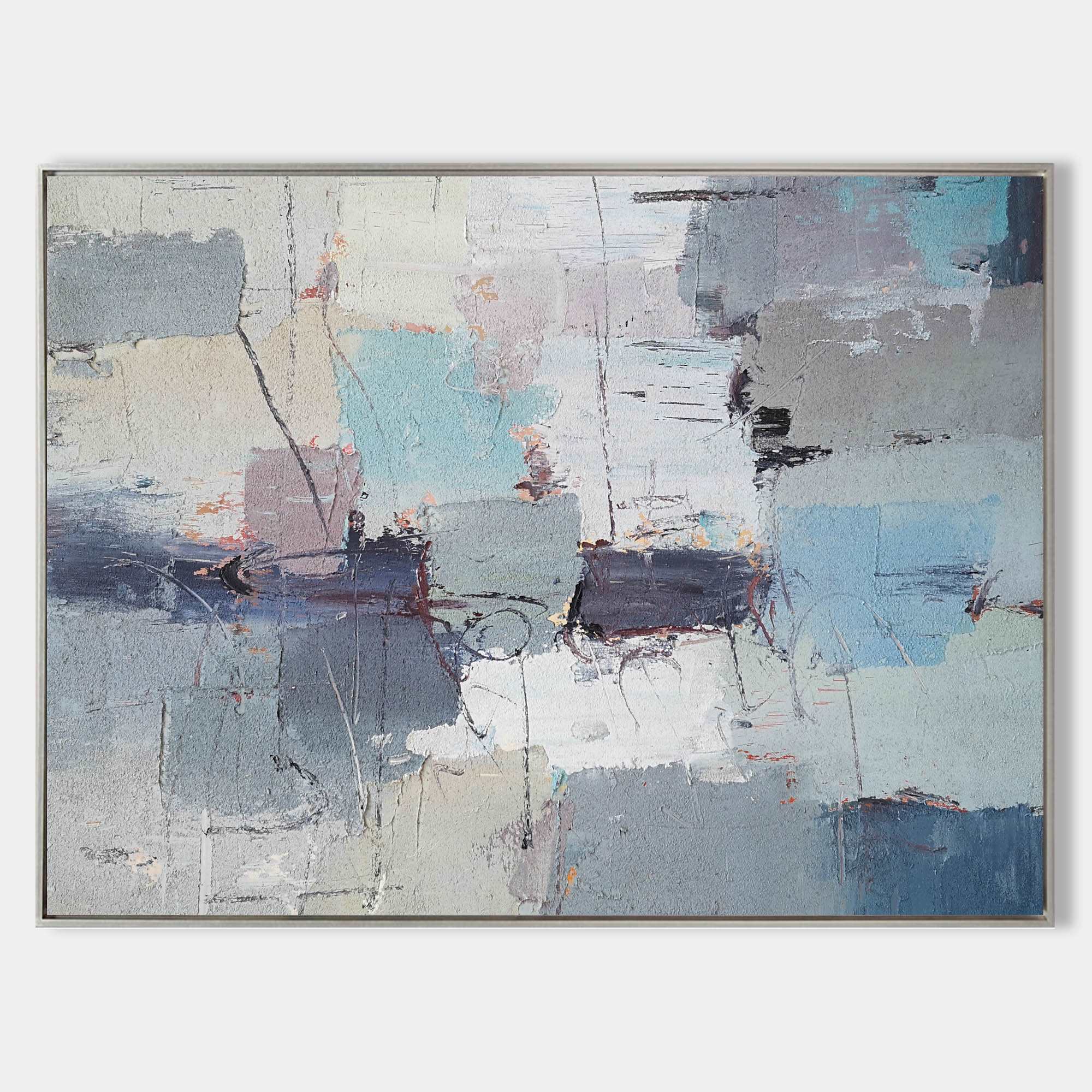 Original hand painted cool blue grey abstract oil painting canvas wall art, nordic scandinavian elegant luxury modern minimalist living