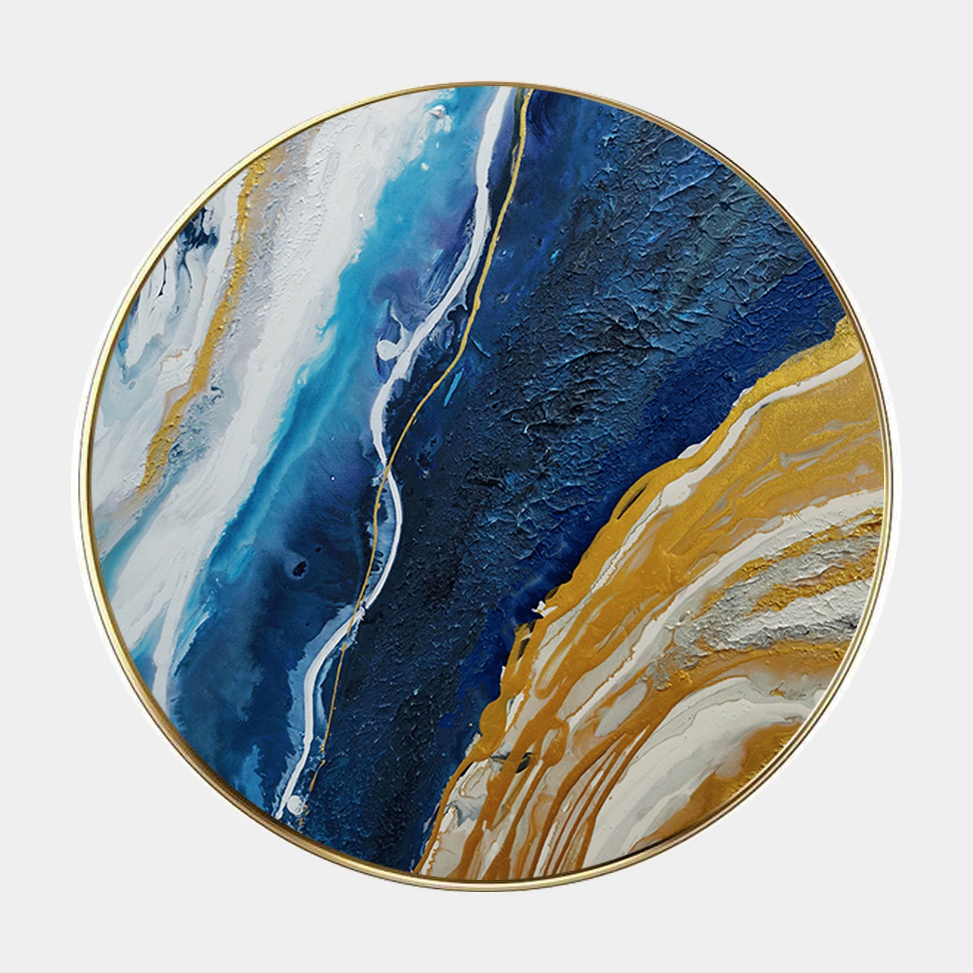 Original hand painted blue gold abstract coastal oil painting canvas wall art, nordic scandinavian elegant luxury modern living room ho