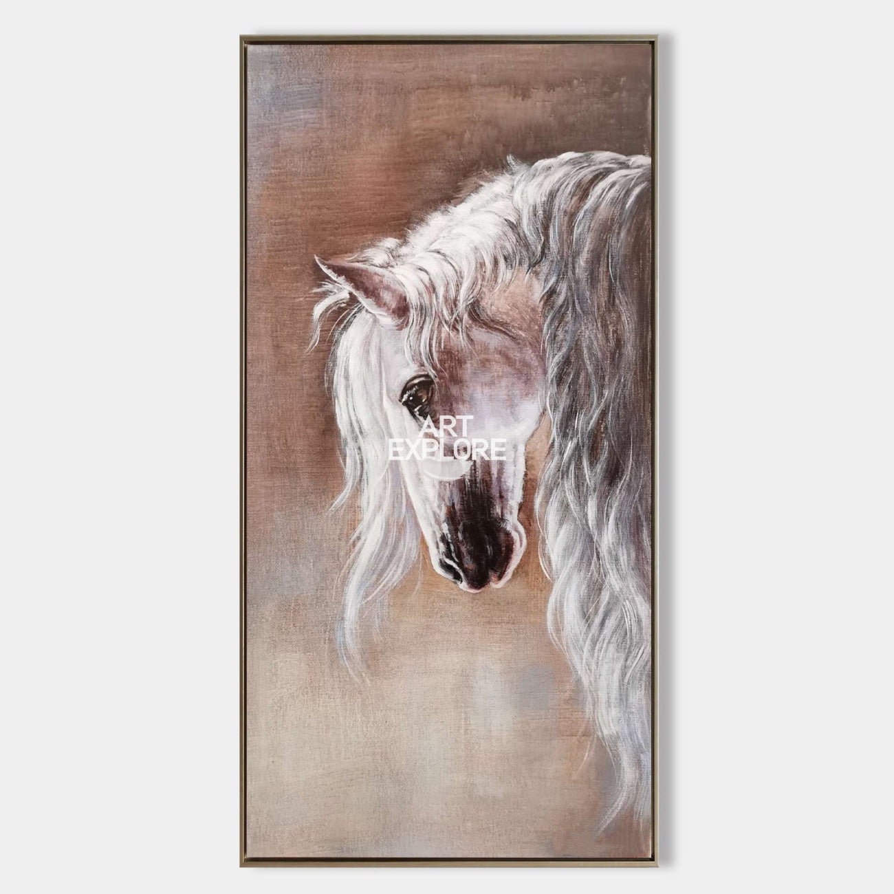 Original hand painted white horse oil painting canvas wall art, warm taupe brown tones, elegant luxury nordic scandinavian modern home