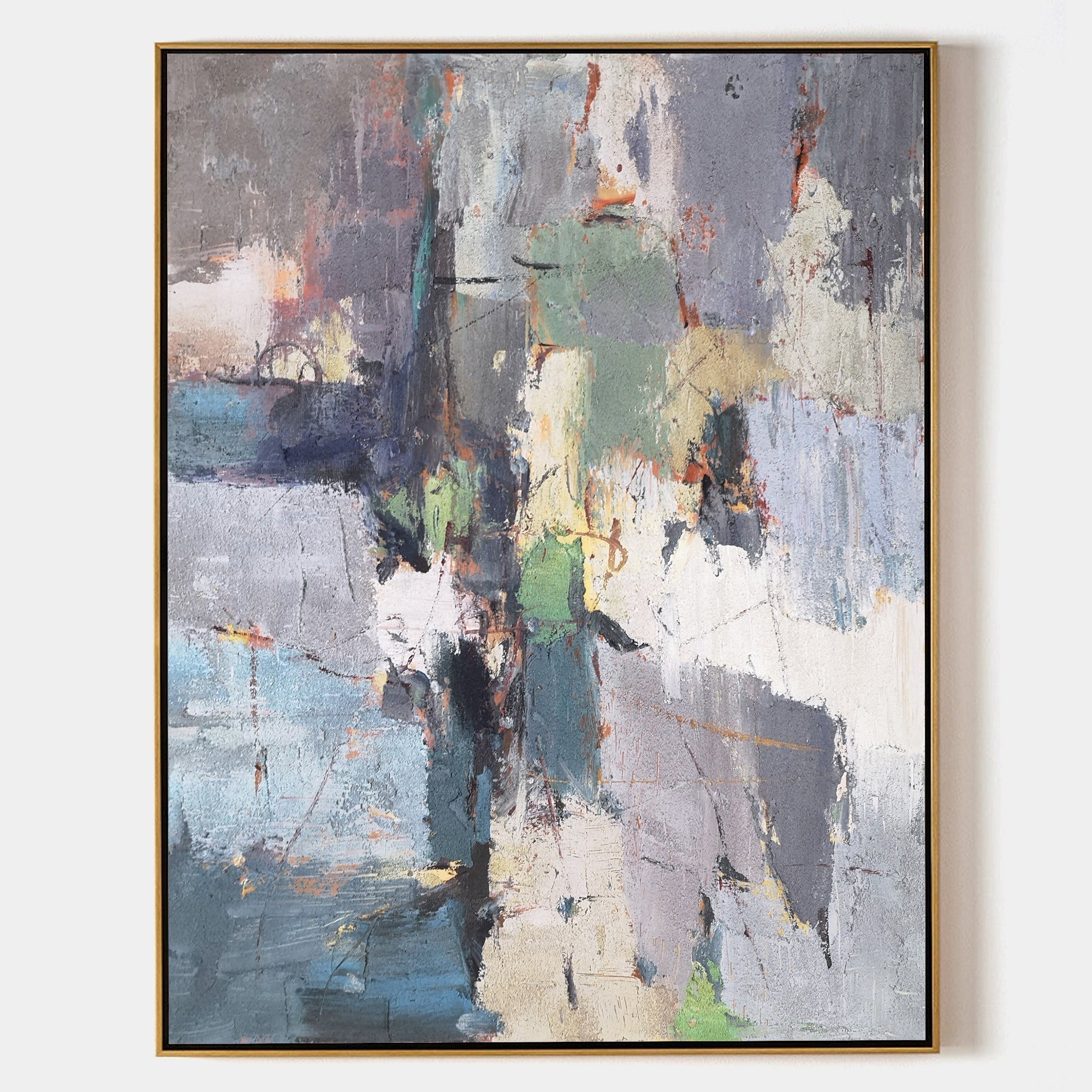 Original hand painted grey teal sage abstract oil painting canvas wall art, nordic scandinavian elegant luxury modern living room inter