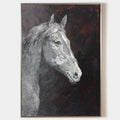 Original hand painted silver white horse portrait oil painting canvas, dark crimson black background, elegant luxury modern nordic scan