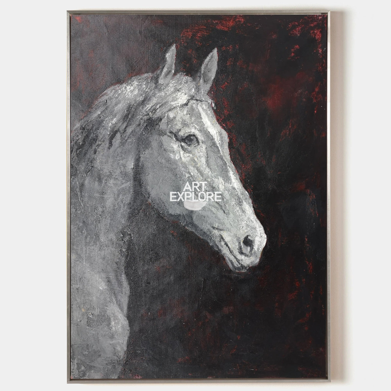 Original hand painted silver white horse portrait oil painting canvas, dark crimson black background, elegant luxury modern nordic scan
