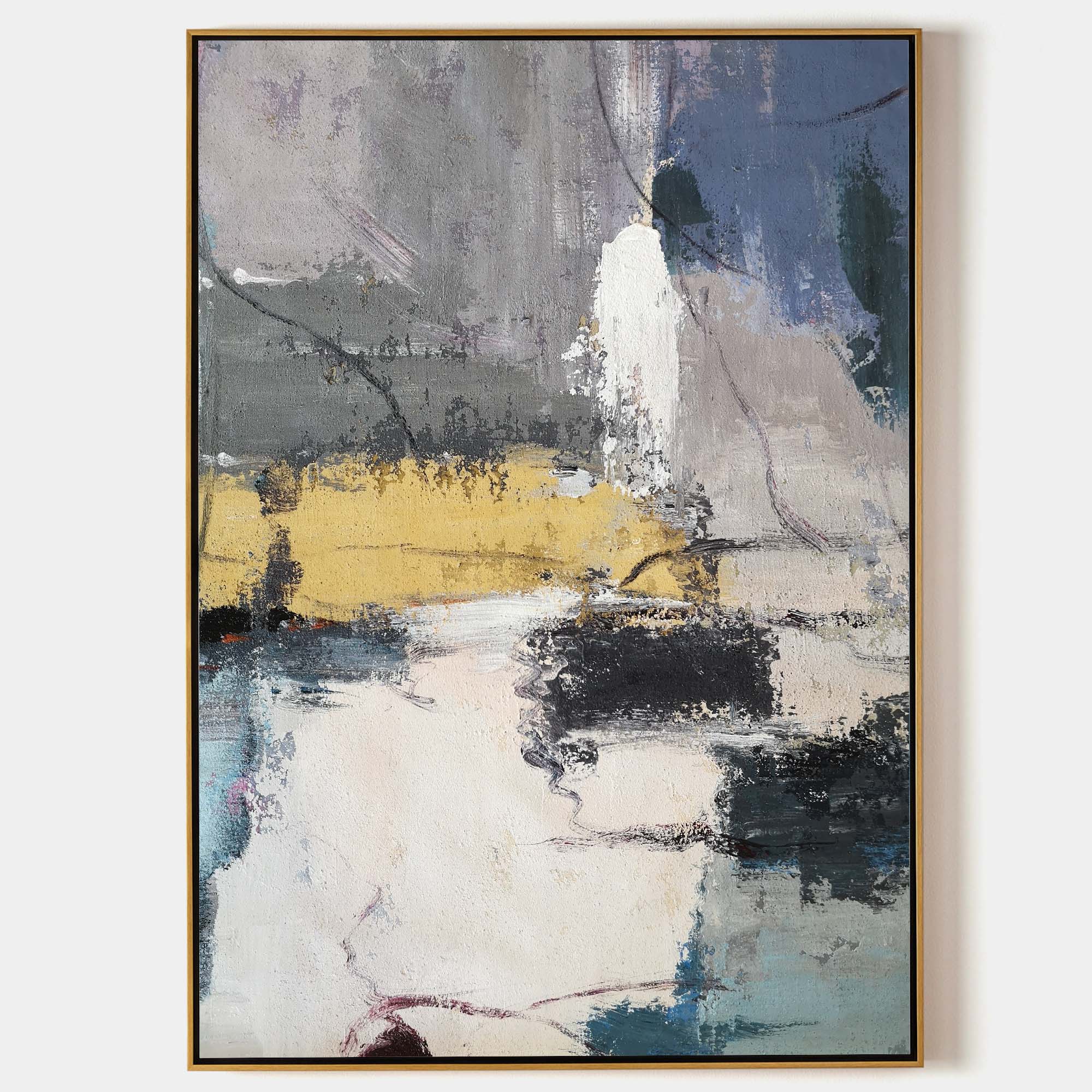 Original hand painted gold grey navy abstract oil painting canvas wall art, textured elegant luxury modern scandinavian nordic interior
