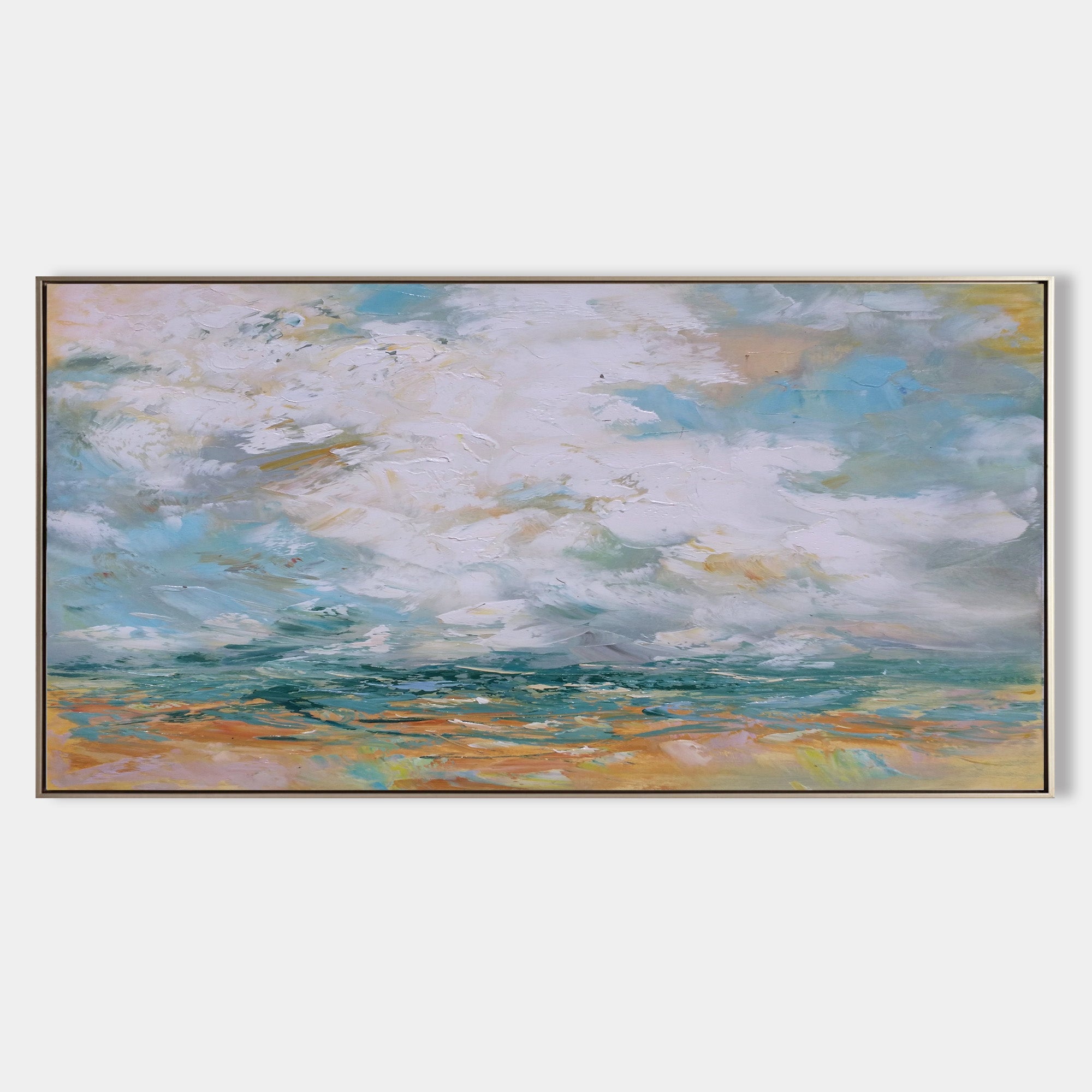 Original hand painted teal coastal abstract oil painting canvas wall art, soft clouds golden shore elegant luxury modern scandinavian h
