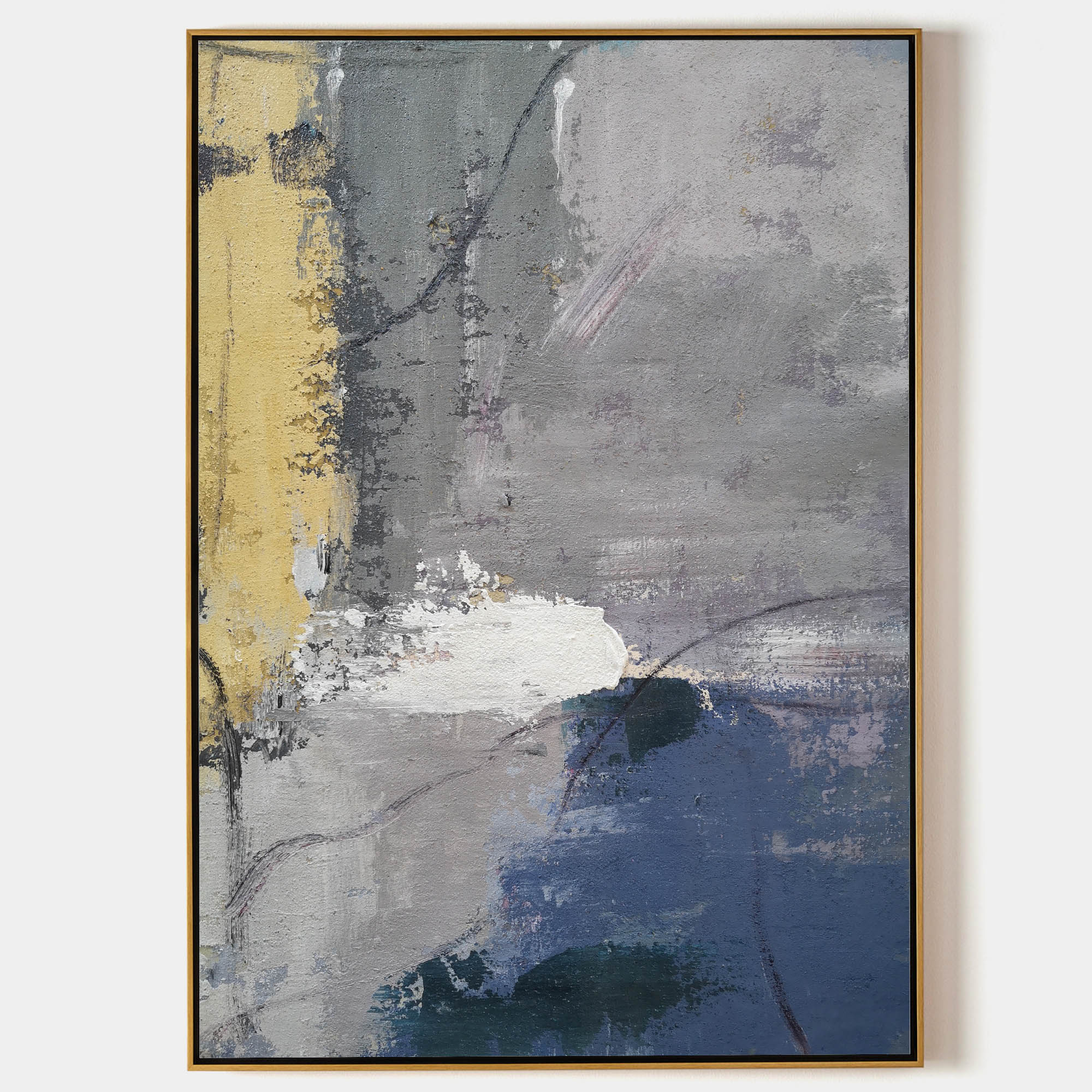 Original hand painted slate grey navy blue ochre abstract oil painting canvas wall art, nordic scandinavian elegant luxury modern livin