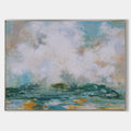 Original hand painted teal coastal abstract oil painting canvas, billowing white clouds golden shoreline, elegant luxury modern nordic