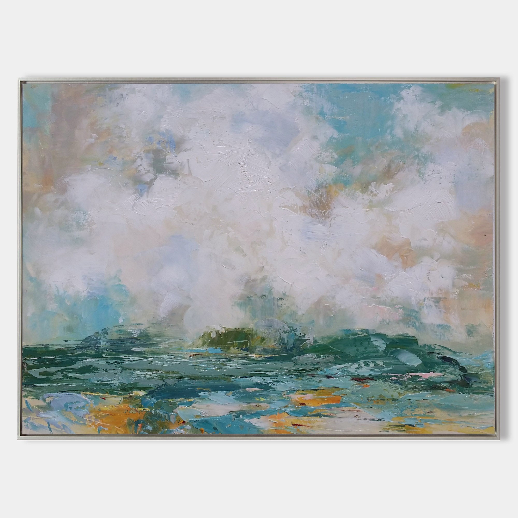 Original hand painted teal coastal abstract oil painting canvas, billowing white clouds golden shoreline, elegant luxury modern nordic
