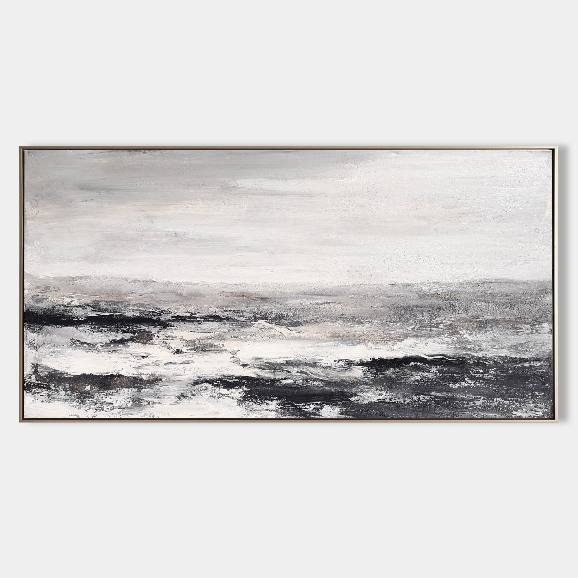 Original hand painted black white grey coastal abstract oil painting canvas wall art, nordic scandinavian minimalist elegant luxury mod