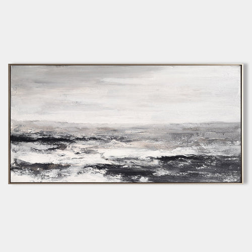 Original hand painted black white grey coastal abstract oil painting canvas wall art, nordic scandinavian minimalist elegant luxury mod