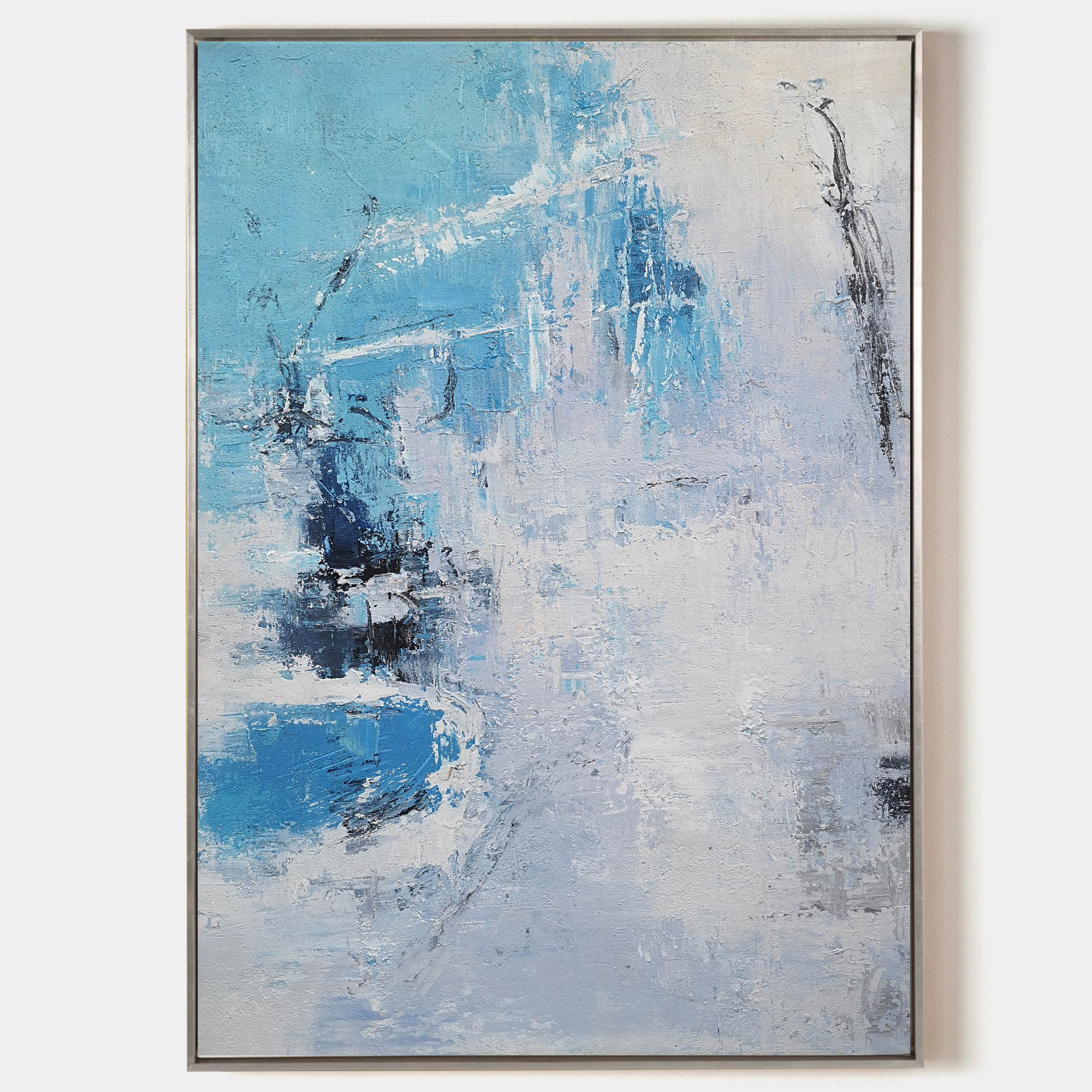 Original hand painted blue white abstract coastal oil painting canvas wall art, nordic scandinavian minimalist elegant luxury modern li