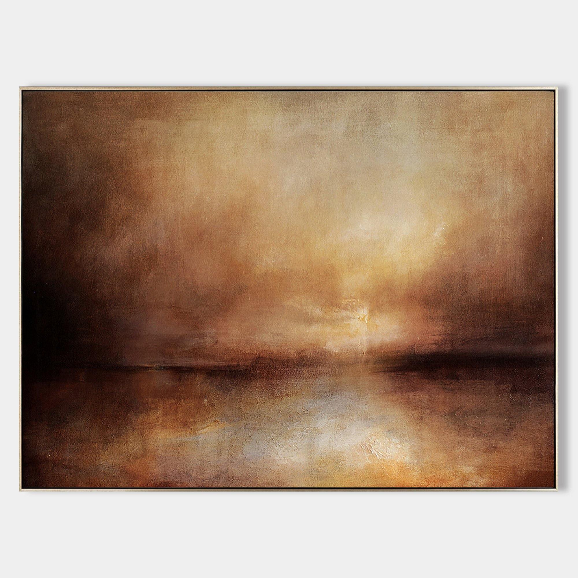 Original hand painted amber gold abstract oil painting canvas wall art, atmospheric coastal sunset, elegant luxury modern nordic scandi