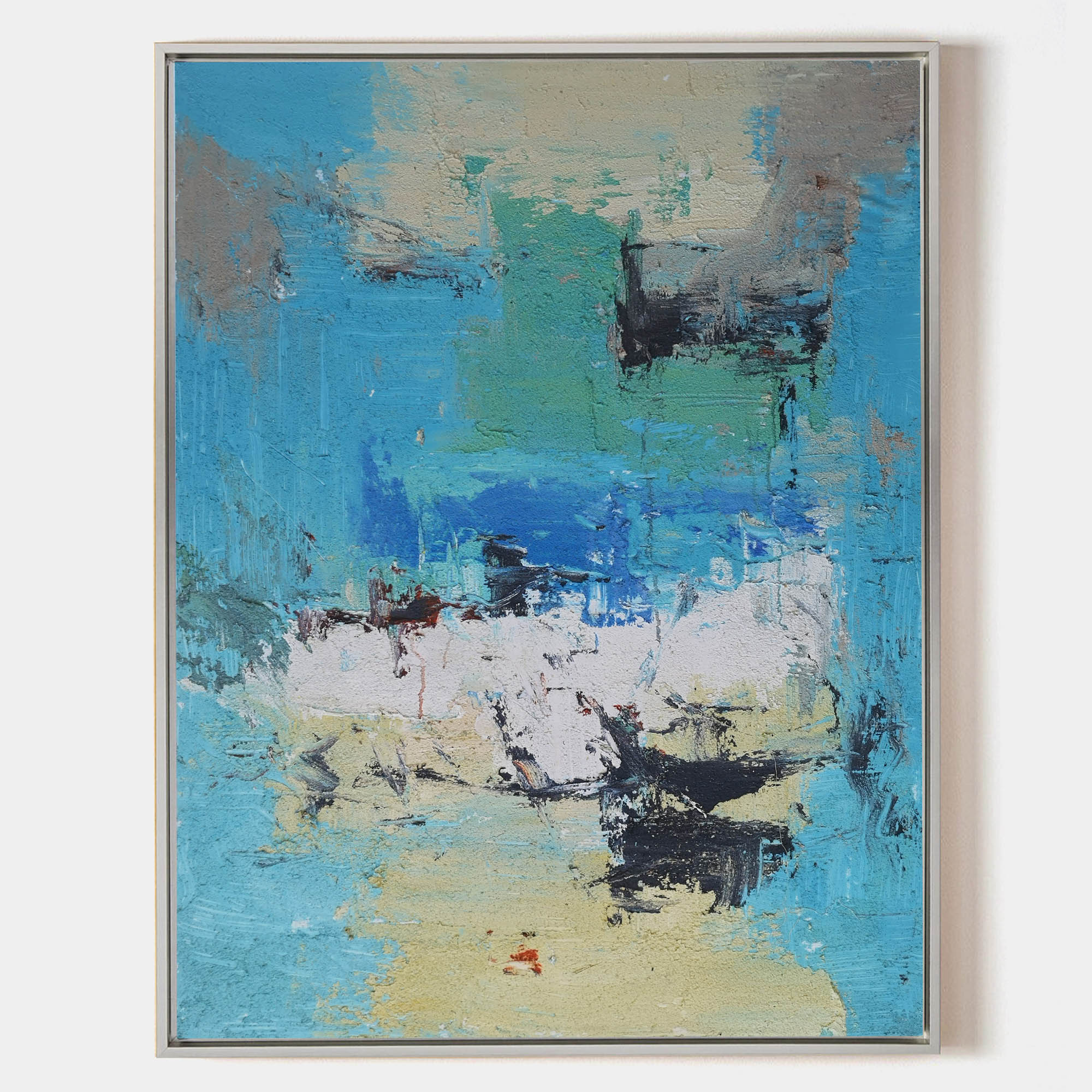 Original hand painted turquoise blue coastal abstract oil painting canvas wall art, nordic scandinavian elegant luxury modern living ro