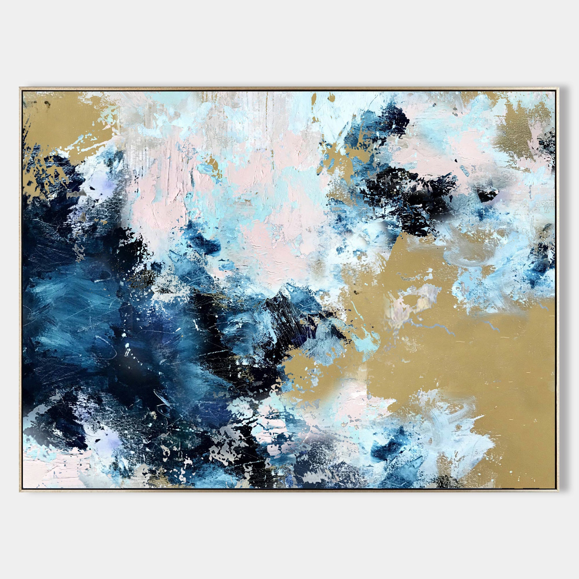 Original hand painted navy blue gold coastal abstract oil painting canvas wall art, scandinavian elegant luxury modern living room home