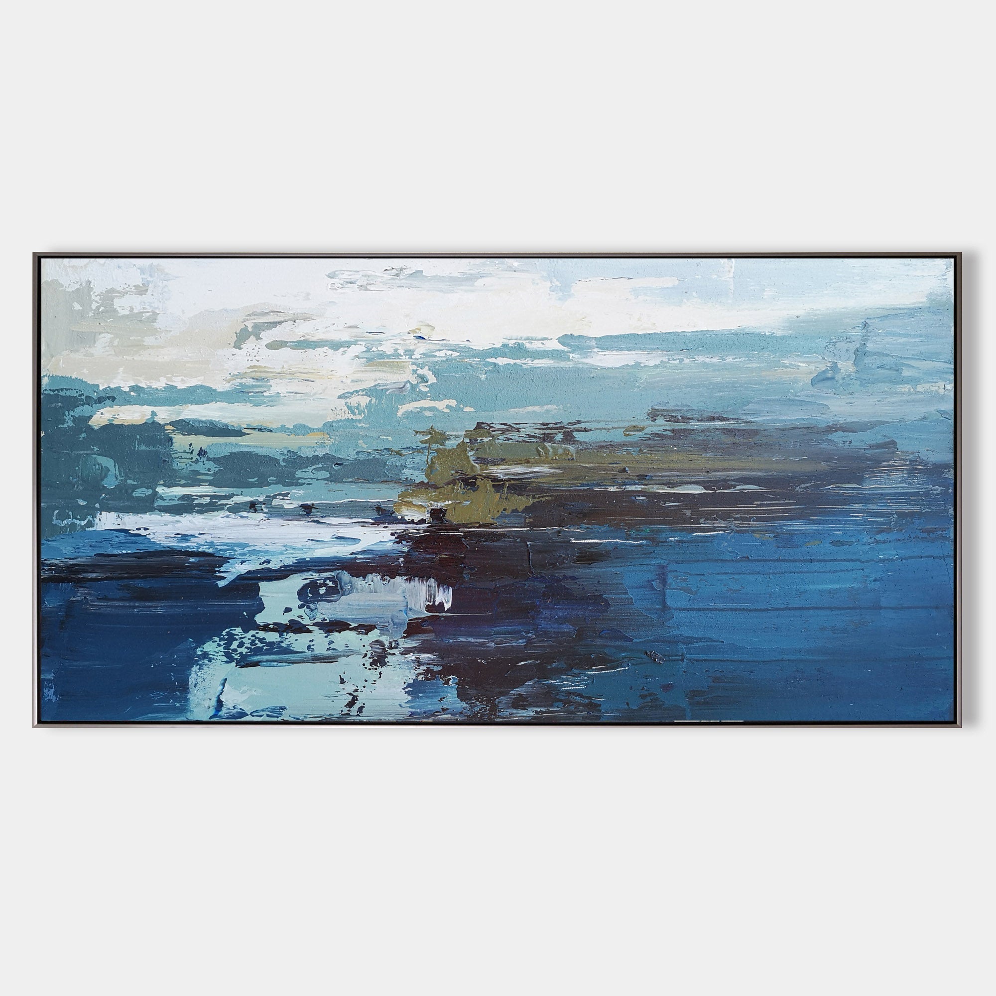 Original hand painted deep navy teal abstract coastal oil painting canvas wall art, modern scandinavian elegant luxury home decor inter