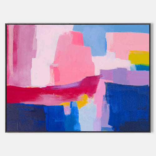 Original hand painted coral pink navy blue abstract oil painting canvas wall art, modern scandinavian elegant luxury geometric living r