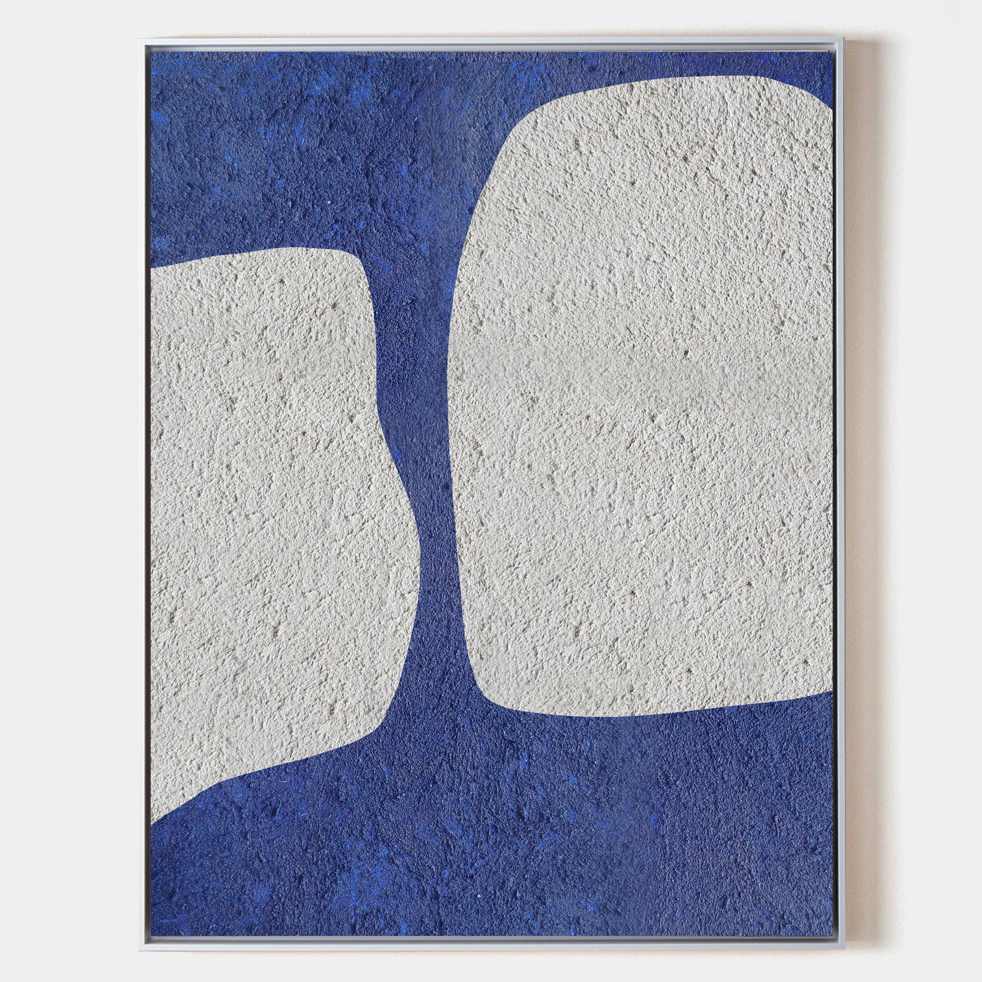 Original hand painted cobalt blue abstract oil painting canvas, two textured ivory organic shapes, minimalist scandinavian elegant luxu