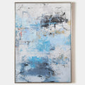 Original hand painted icy blue white charcoal abstract oil painting canvas wall art, nordic scandinavian minimalist elegant luxury mode