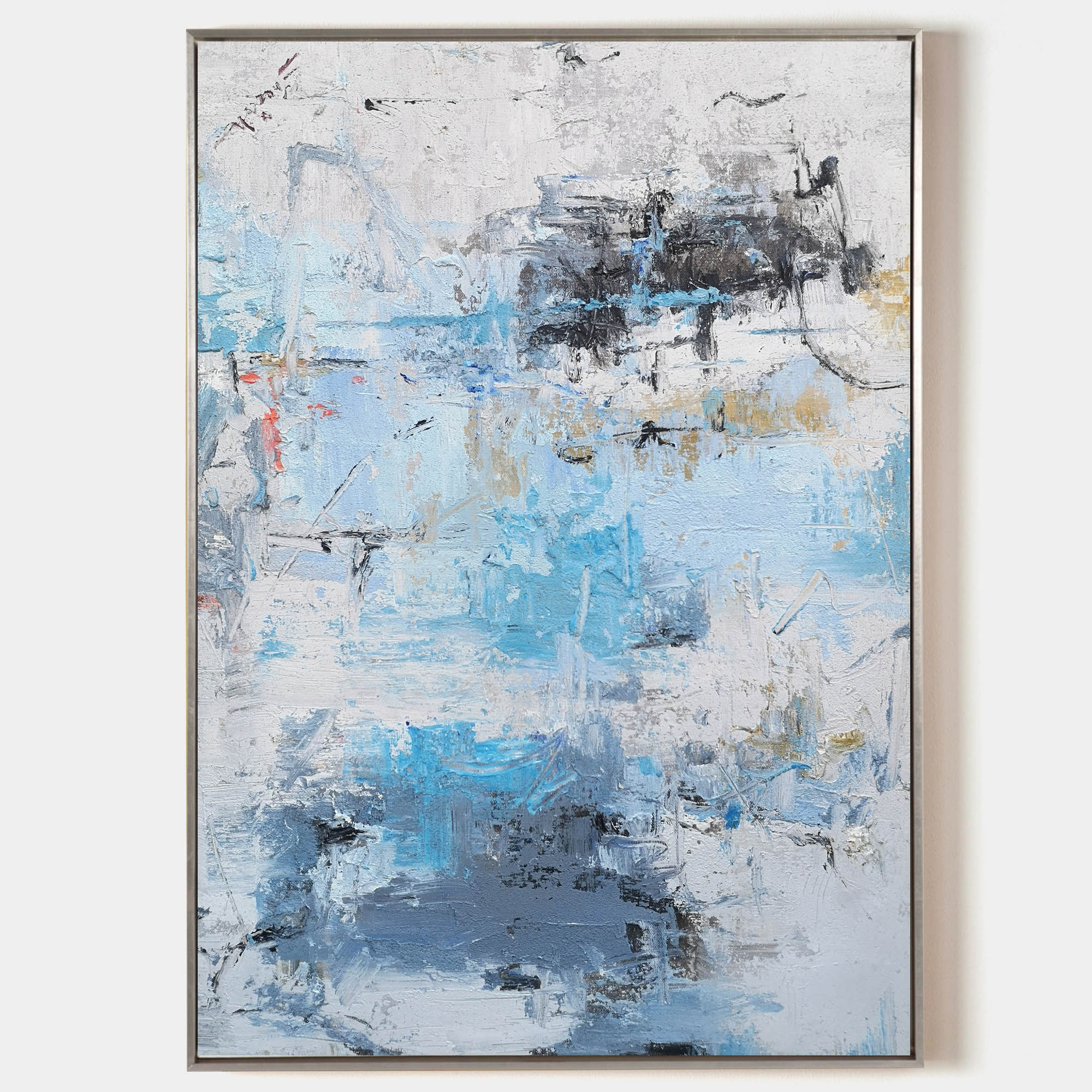 Original hand painted icy blue white charcoal abstract oil painting canvas wall art, nordic scandinavian minimalist elegant luxury mode