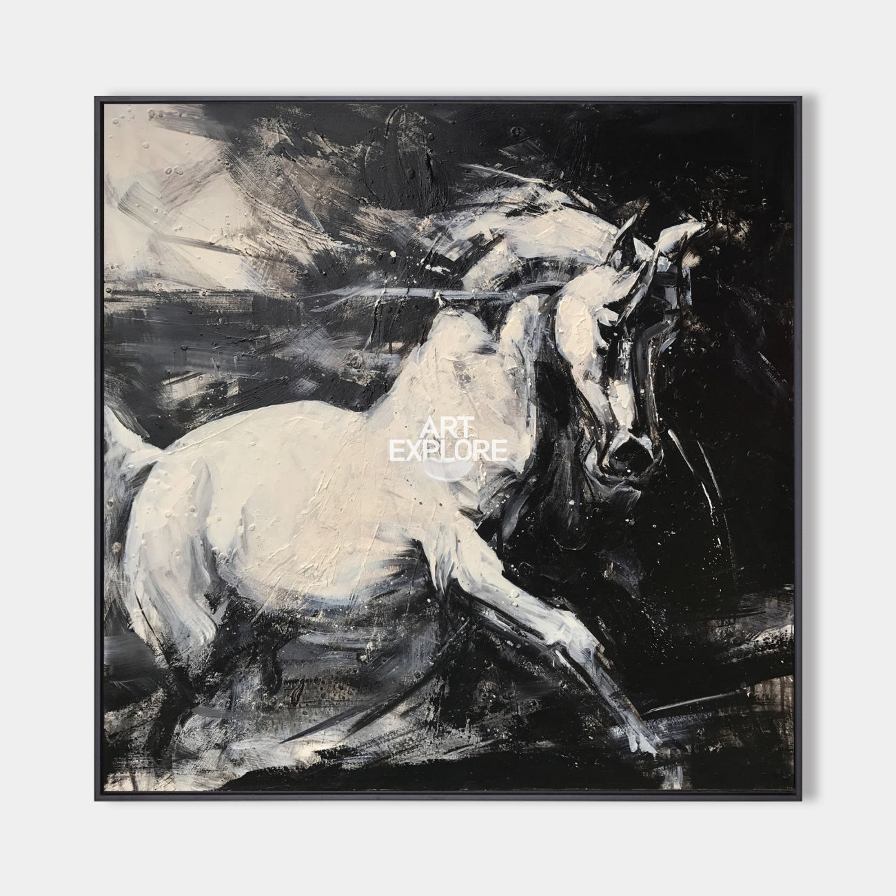 Original hand painted black white abstract horse oil painting canvas wall art, nordic scandinavian elegant luxury modern living room ho