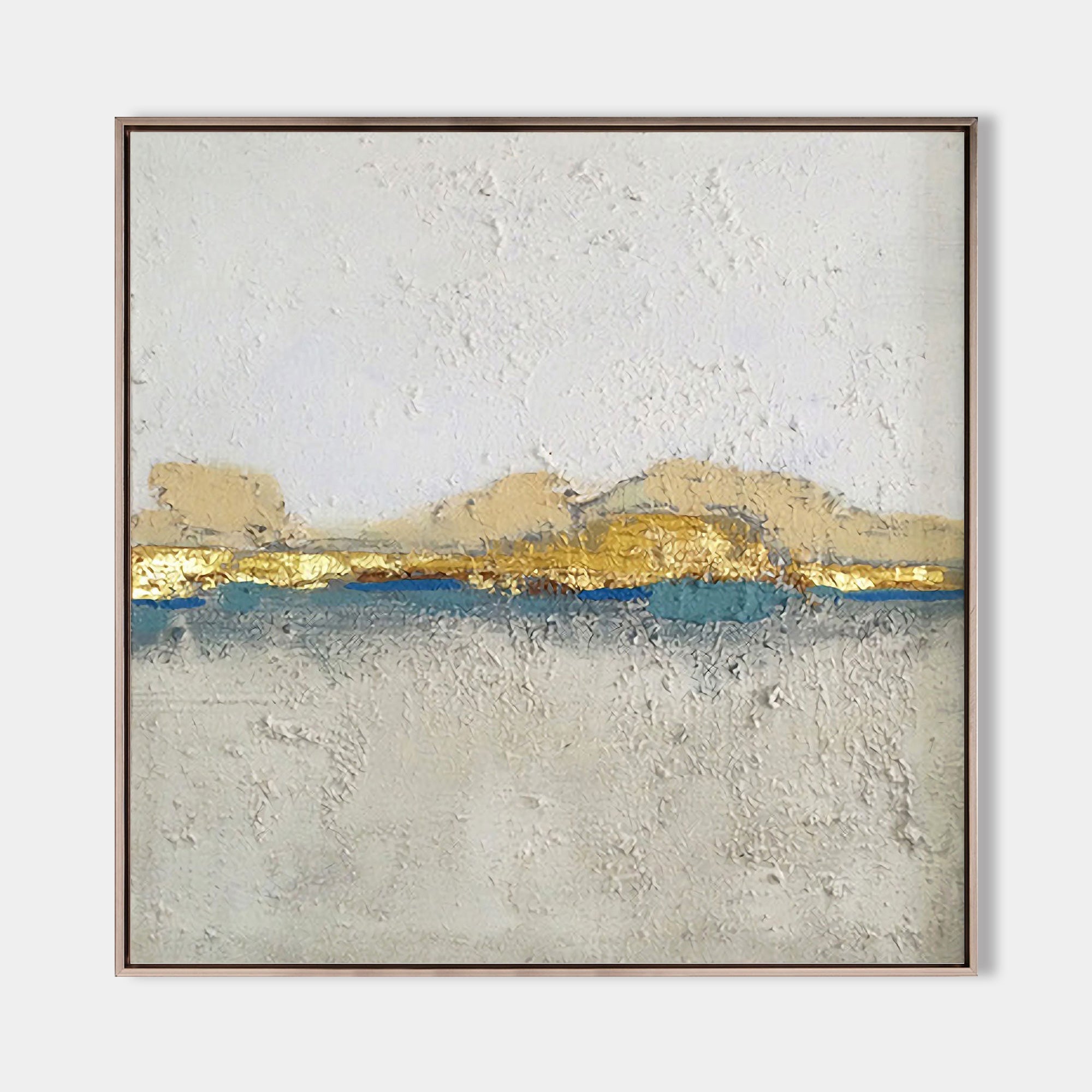 Original hand painted gold leaf teal grey coastal abstract oil painting canvas wall art, nordic scandinavian minimalist elegant luxury