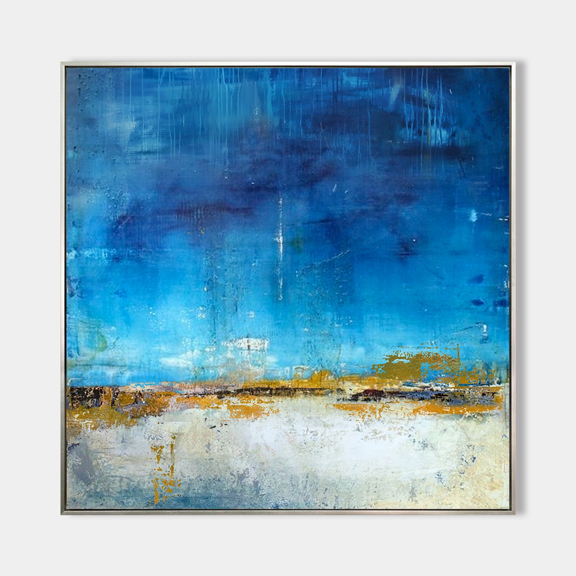 Original hand painted cobalt blue abstract coastal oil painting canvas wall art, nordic scandinavian elegant luxury modern living room