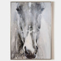 Original hand painted grey white horse portrait oil painting canvas wall art, nordic scandinavian minimalist elegant luxury modern home