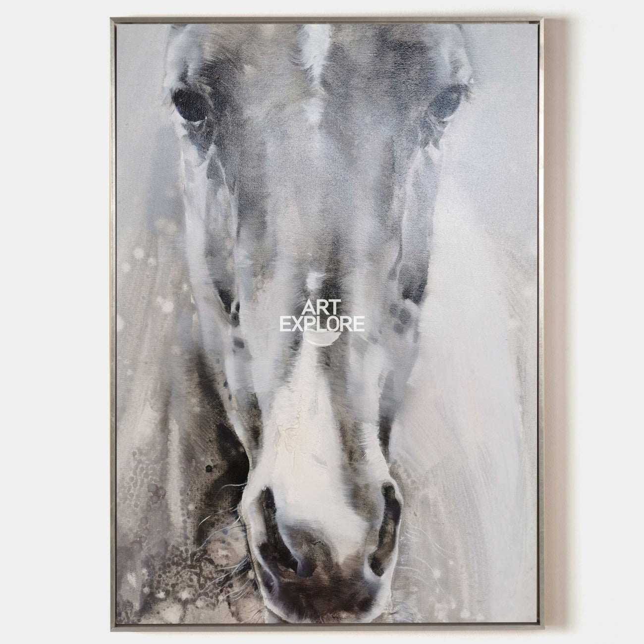 Original hand painted grey white horse portrait oil painting canvas wall art, nordic scandinavian minimalist elegant luxury modern home