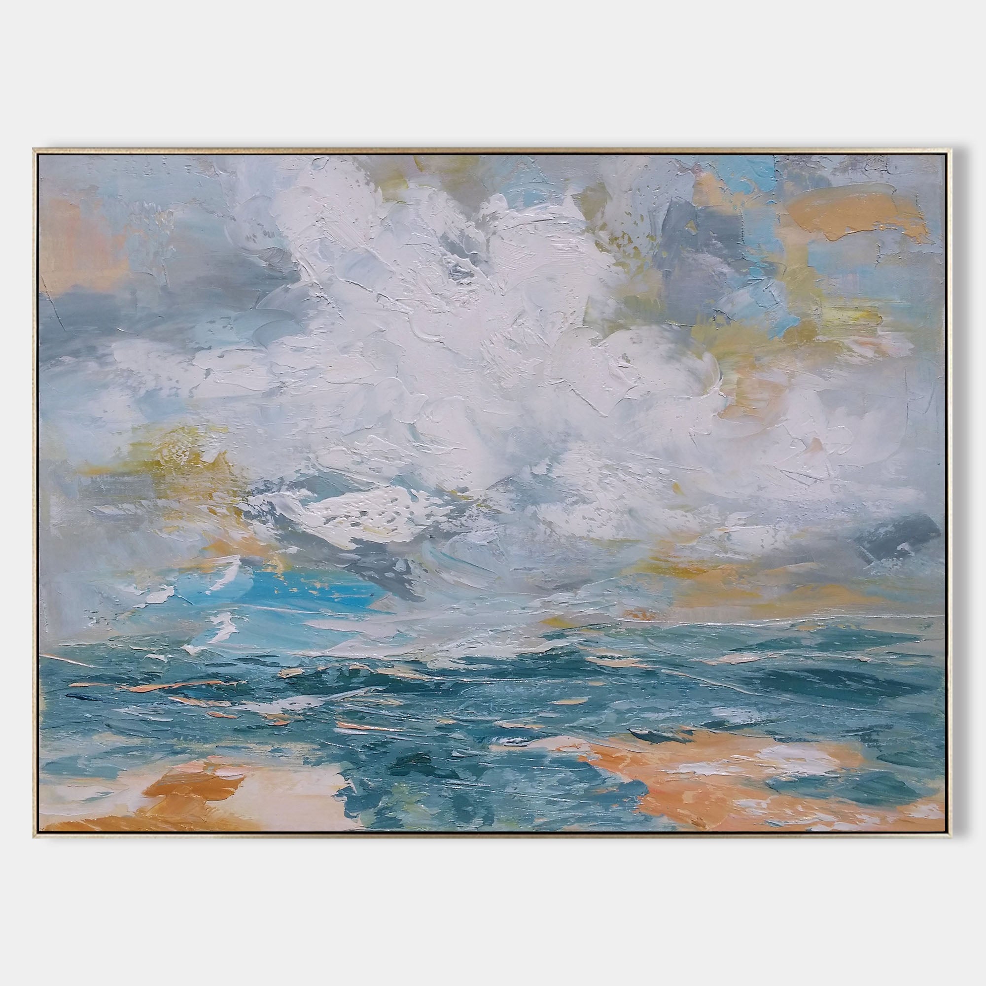 Original hand painted teal blue coastal abstract oil painting canvas wall art, expressive clouds seascape elegant luxury modern nordic