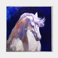 Original hand painted white horse cobalt blue abstract oil painting canvas wall art, elegant luxury modern nordic scandinavian home dec