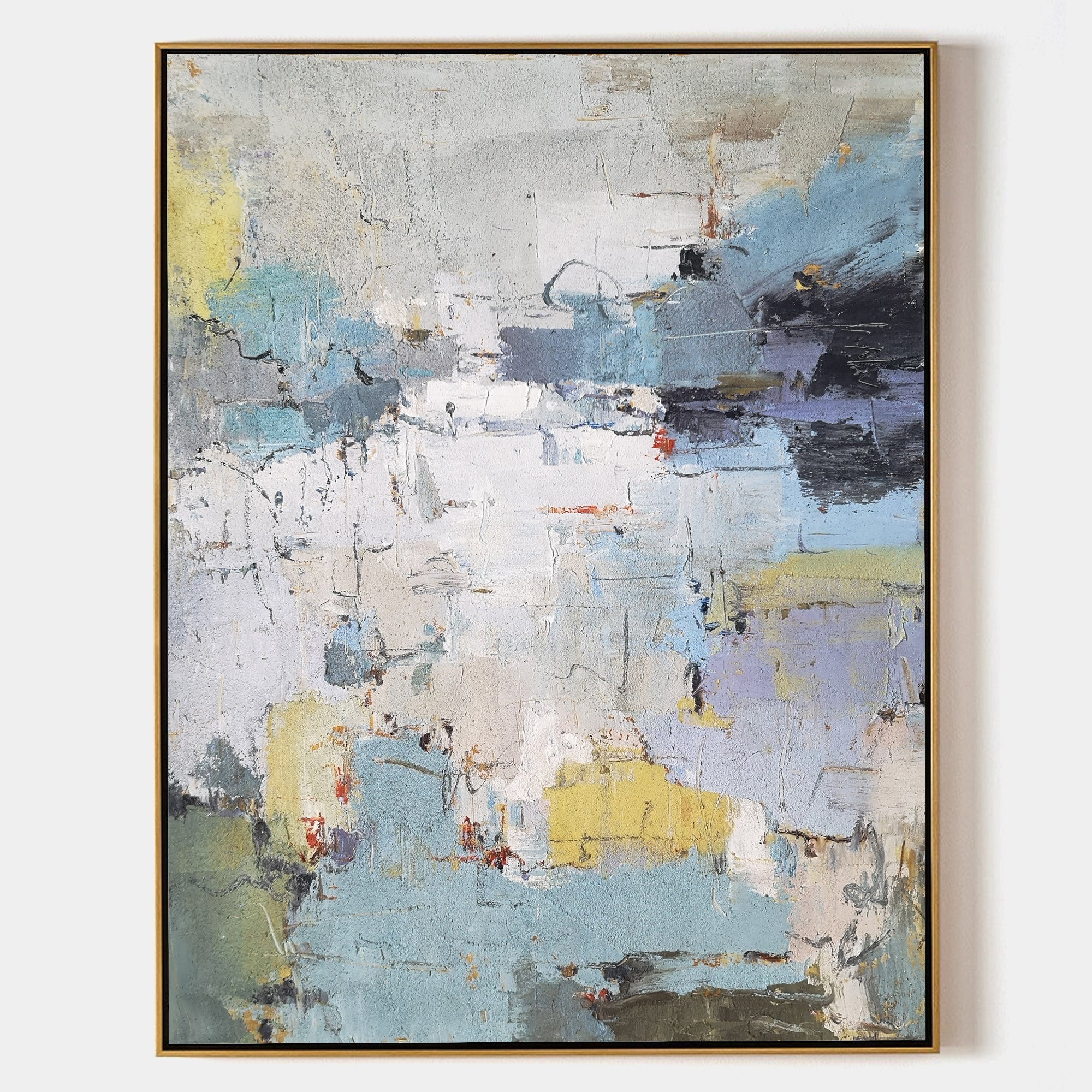 Original hand painted pale blue white gold abstract oil painting canvas wall art, nordic scandinavian elegant luxury modern living room