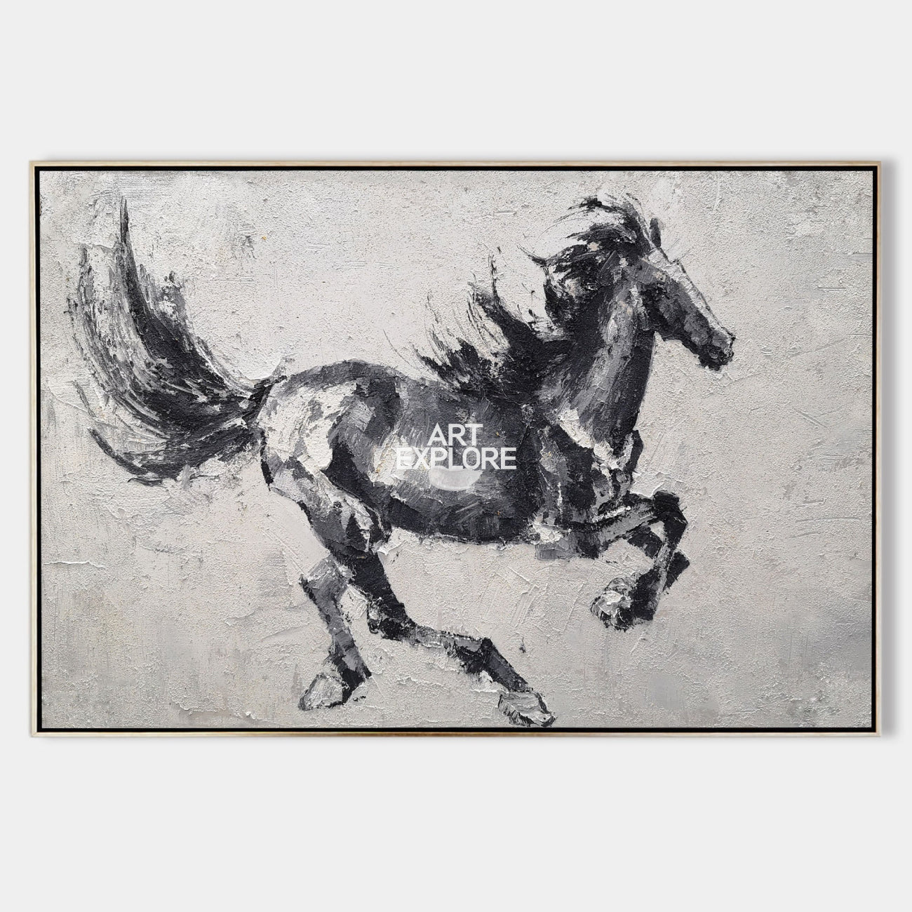 Original hand painted black horse abstract oil painting canvas wall art, nordic scandinavian elegant luxury modern living room home dec
