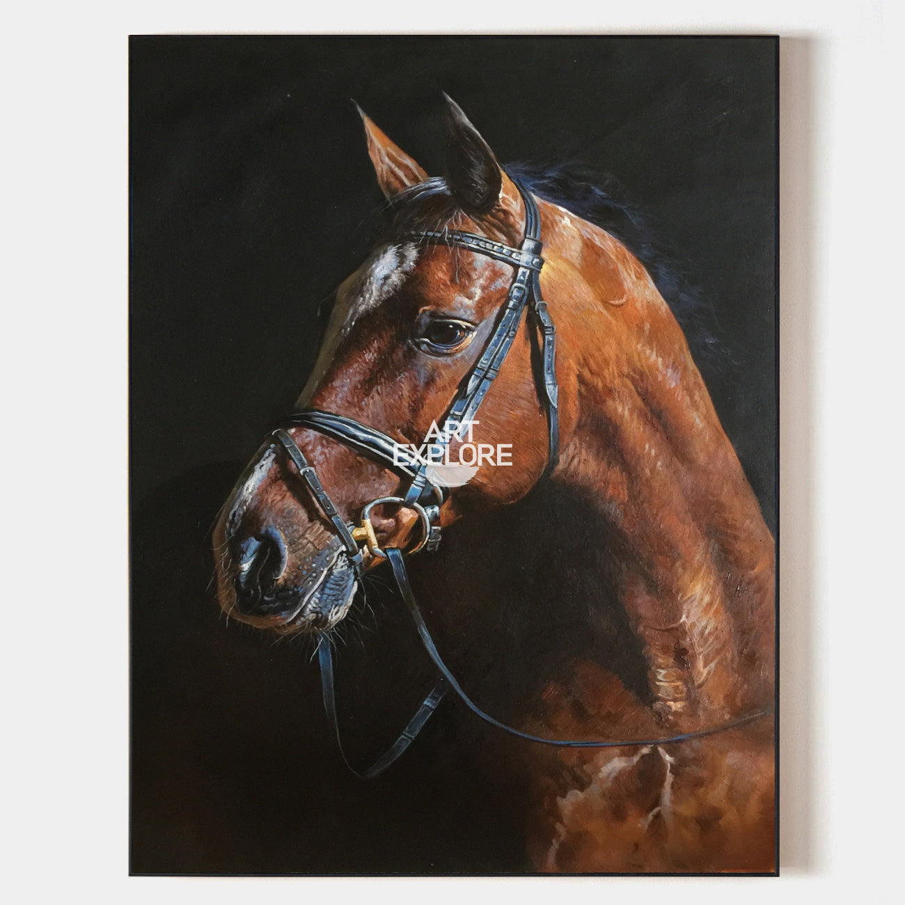 Original hand painted bay horse portrait oil painting canvas wall art, elegant luxury modern classic dark equestrian home decor interio