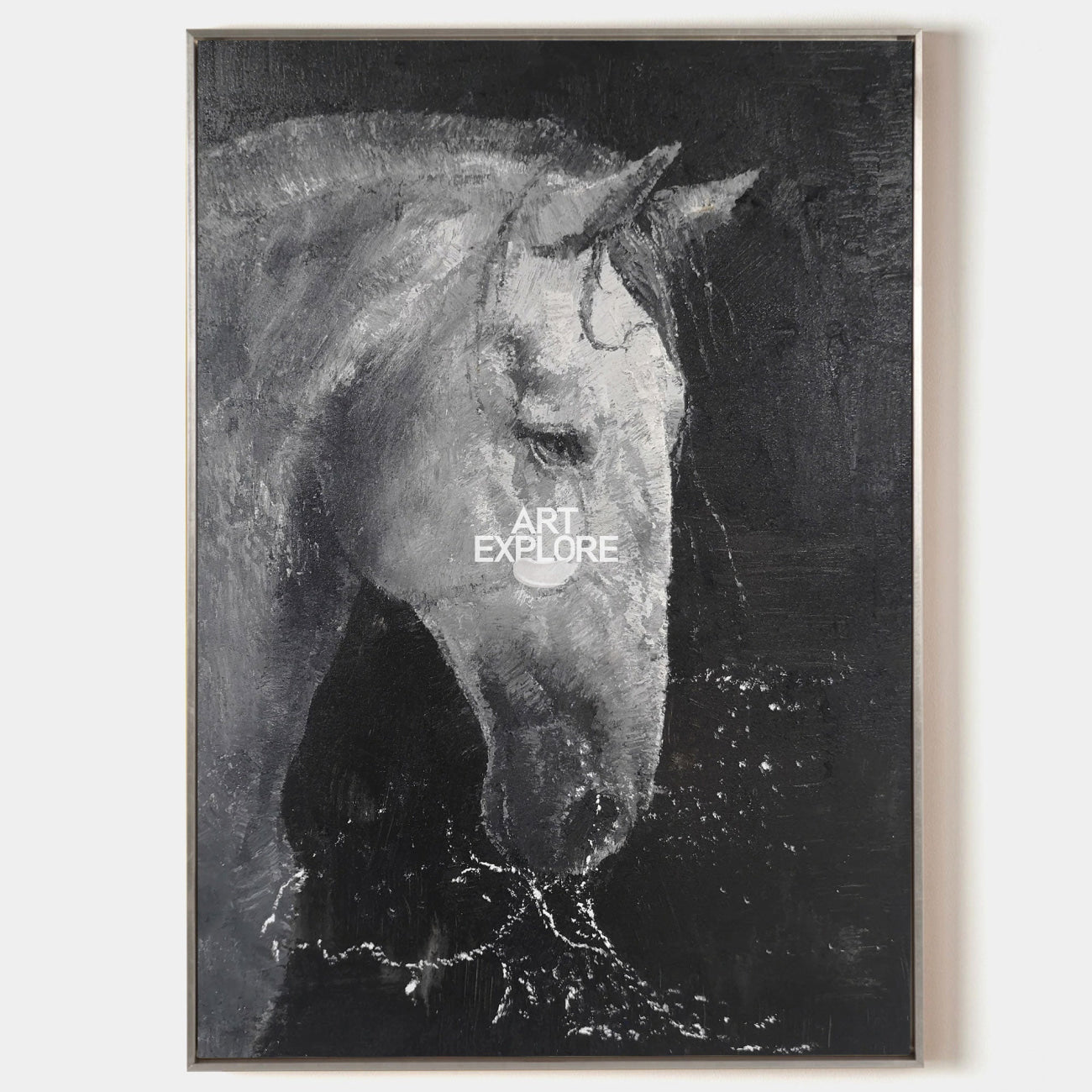 Original hand painted black white horse portrait oil painting canvas wall art, nordic scandinavian elegant luxury modern living room ho