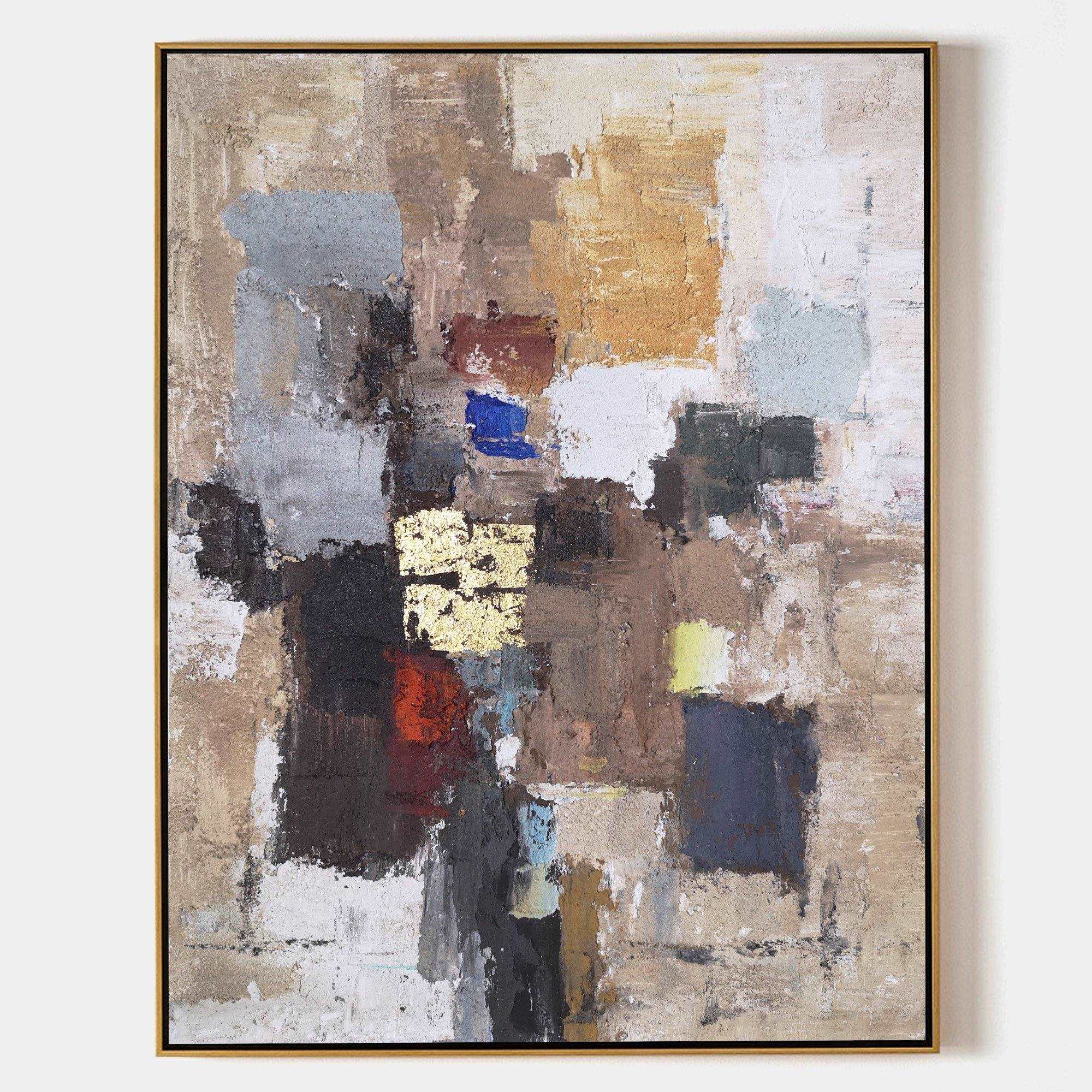 Hand painted original abstract oil painting canvas, textured amber gold navy slate geometric blocks, elegant luxury modern nordic scand
