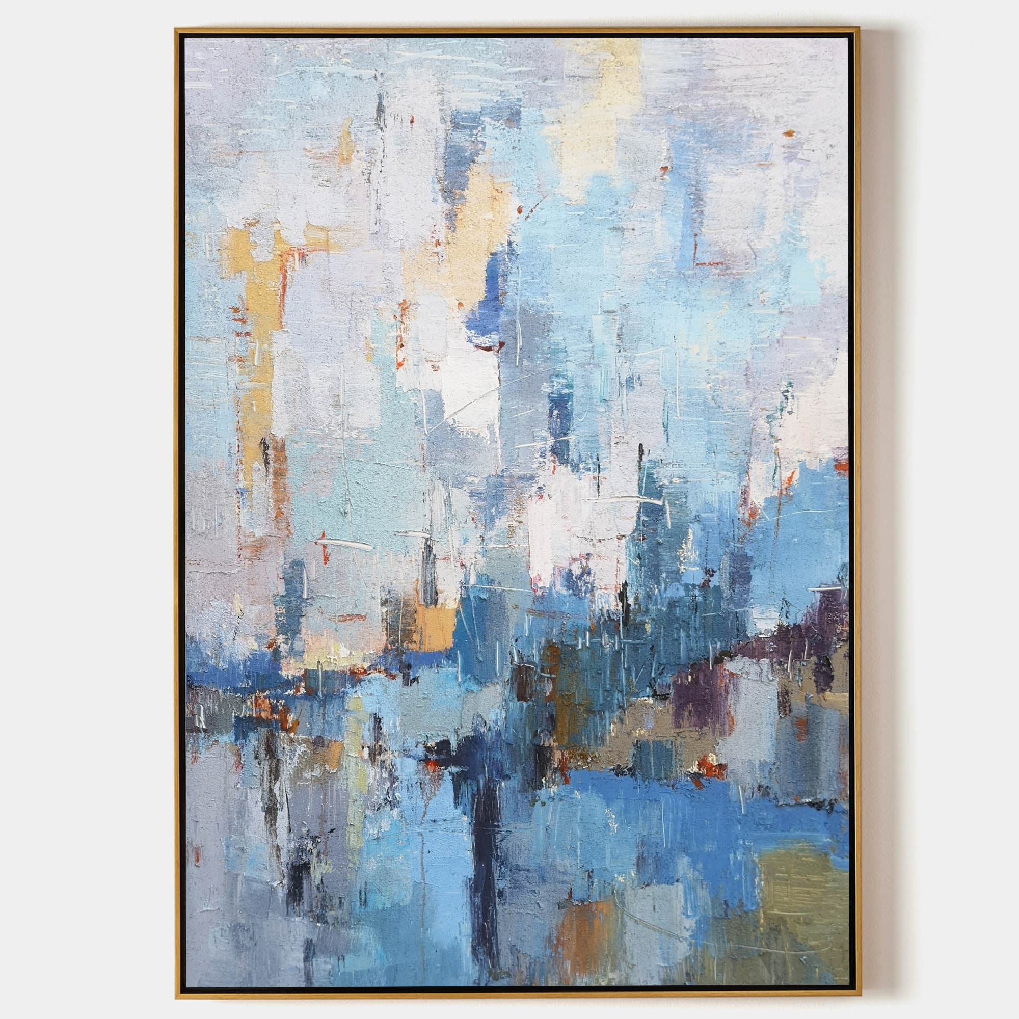 Original hand painted blue gold abstract oil painting canvas wall art, coastal nordic scandinavian elegant luxury modern living room ho