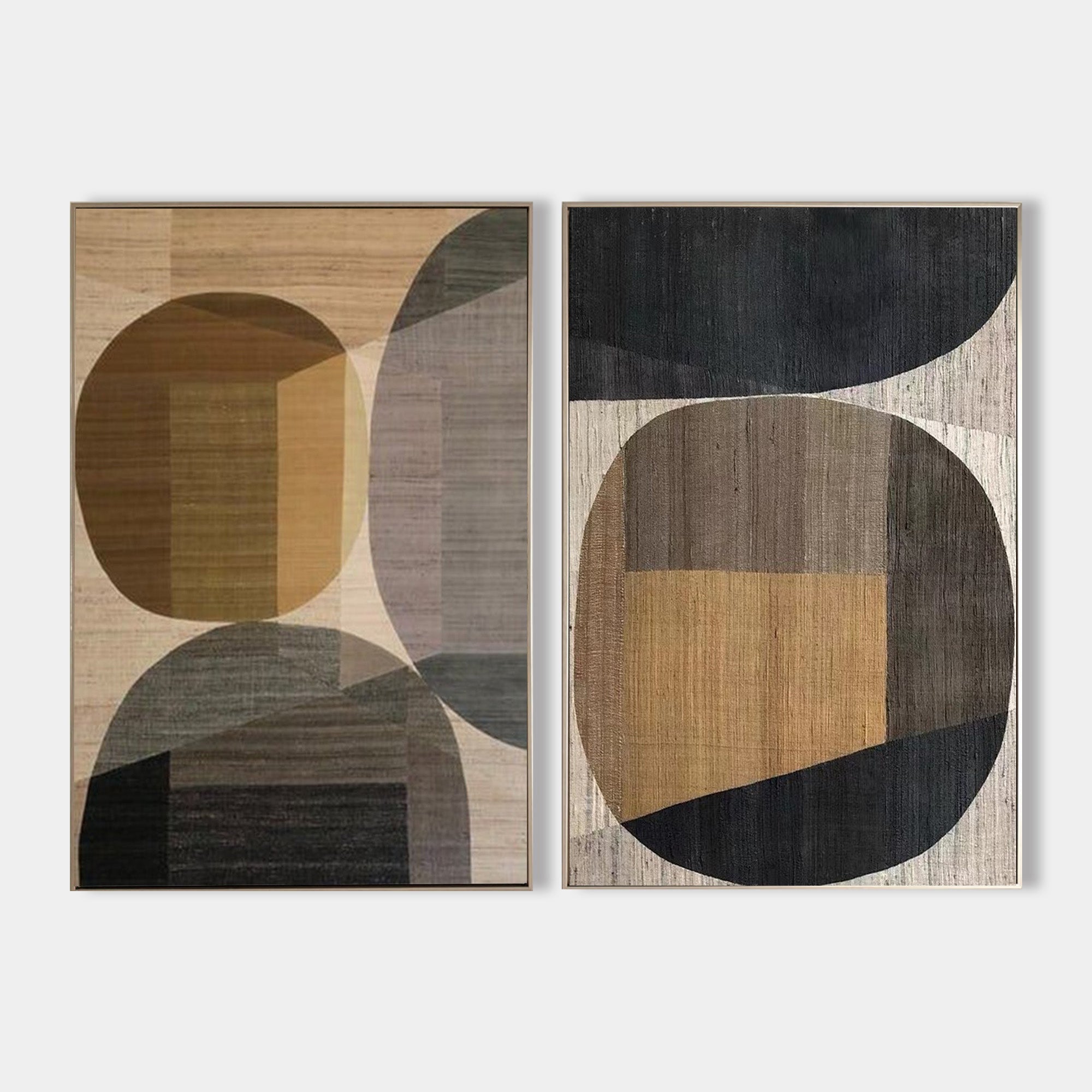 Original hand painted ochre charcoal geometric abstract oil painting canvas set of 2, nordic scandinavian elegant luxury modern interio