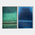 Original hand painted teal green midnight blue abstract oil painting diptych canvas wall art, nordic scandinavian coastal elegant luxur