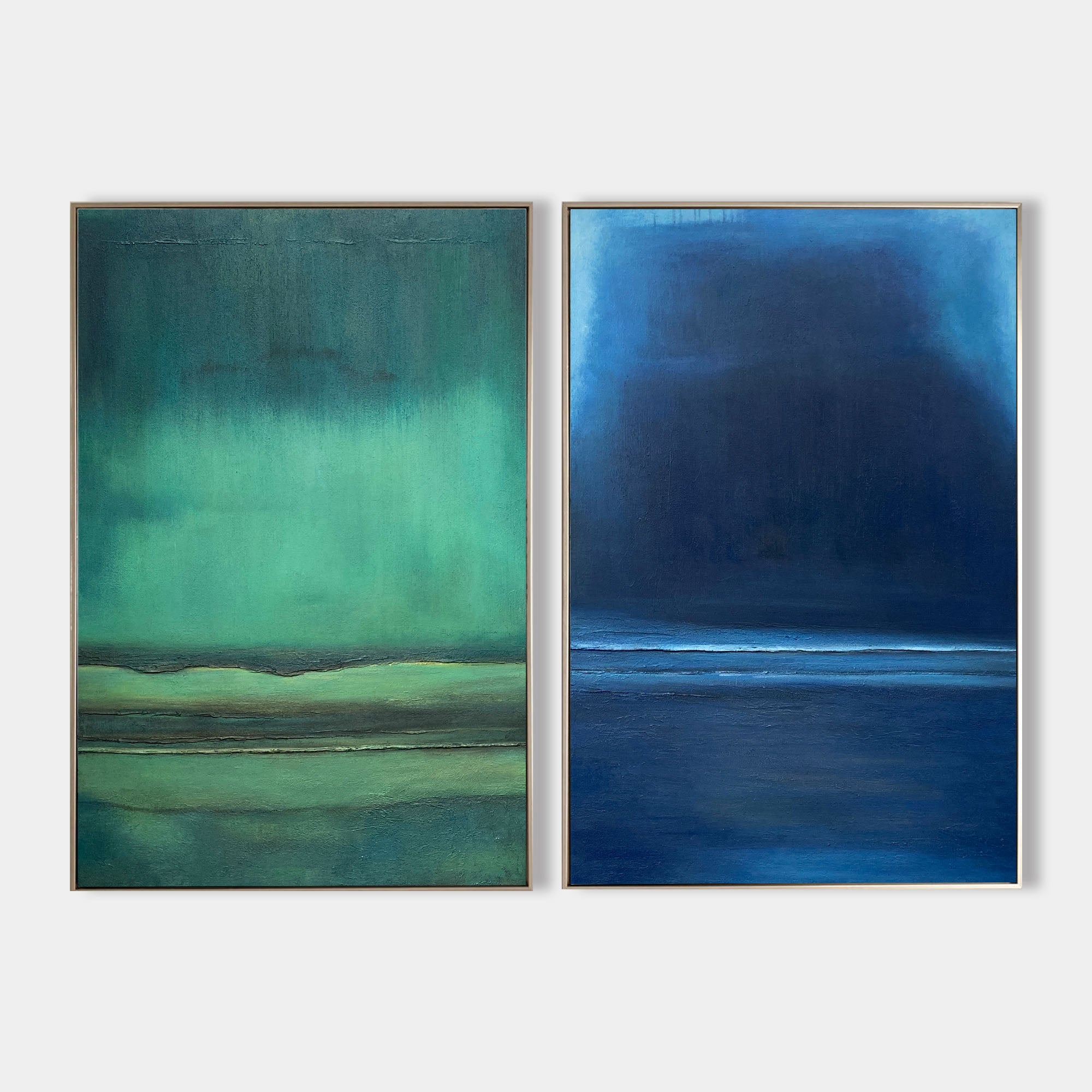Original hand painted teal green midnight blue abstract oil painting diptych canvas wall art, nordic scandinavian coastal elegant luxur