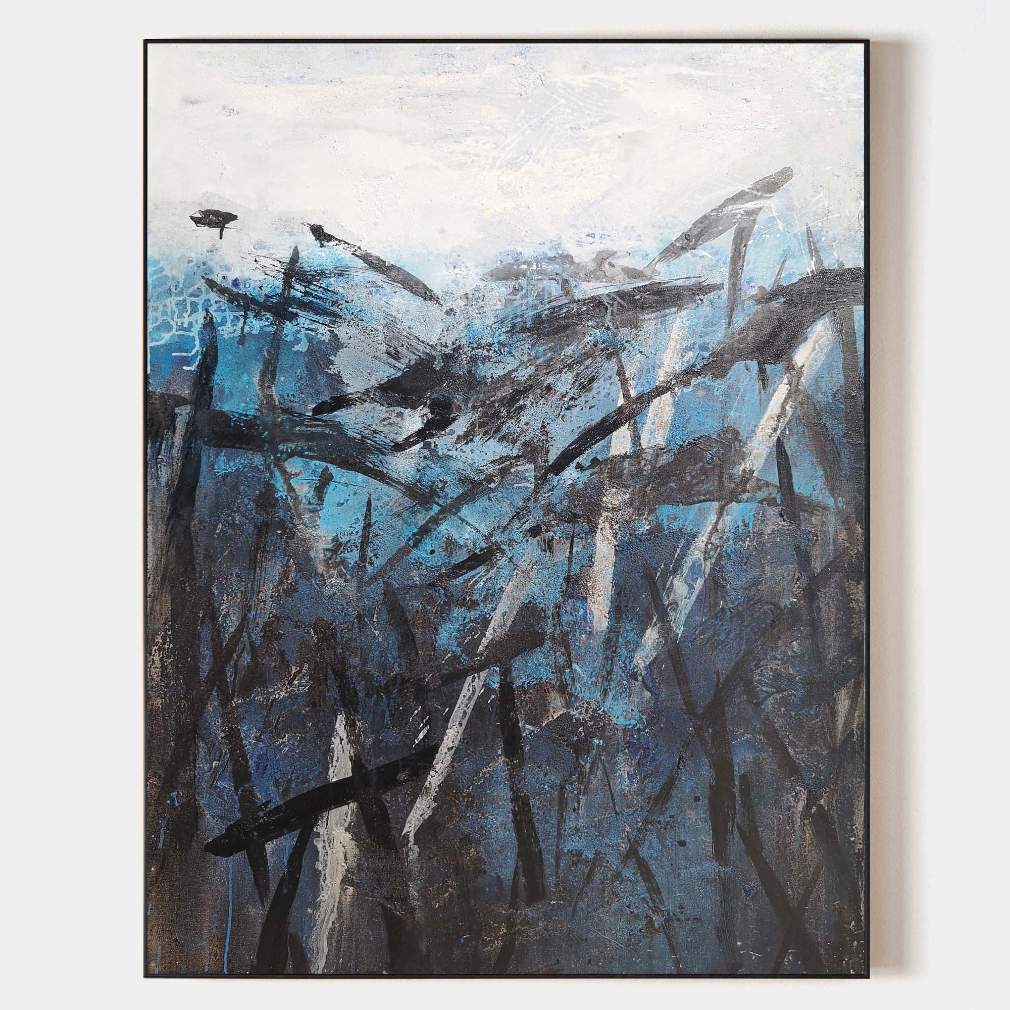 Original hand painted blue black abstract oil painting canvas wall art, nordic scandinavian elegant luxury modern living room interior