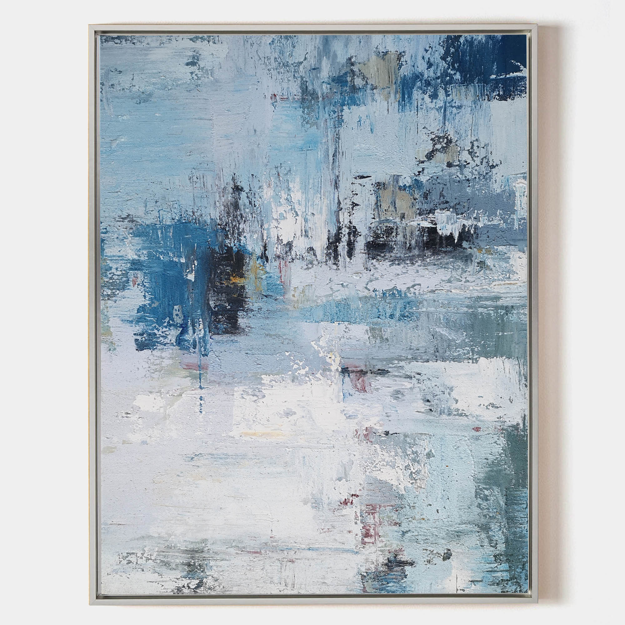 Original hand painted blue white abstract oil painting canvas wall art, nordic scandinavian minimalist elegant luxury modern living roo