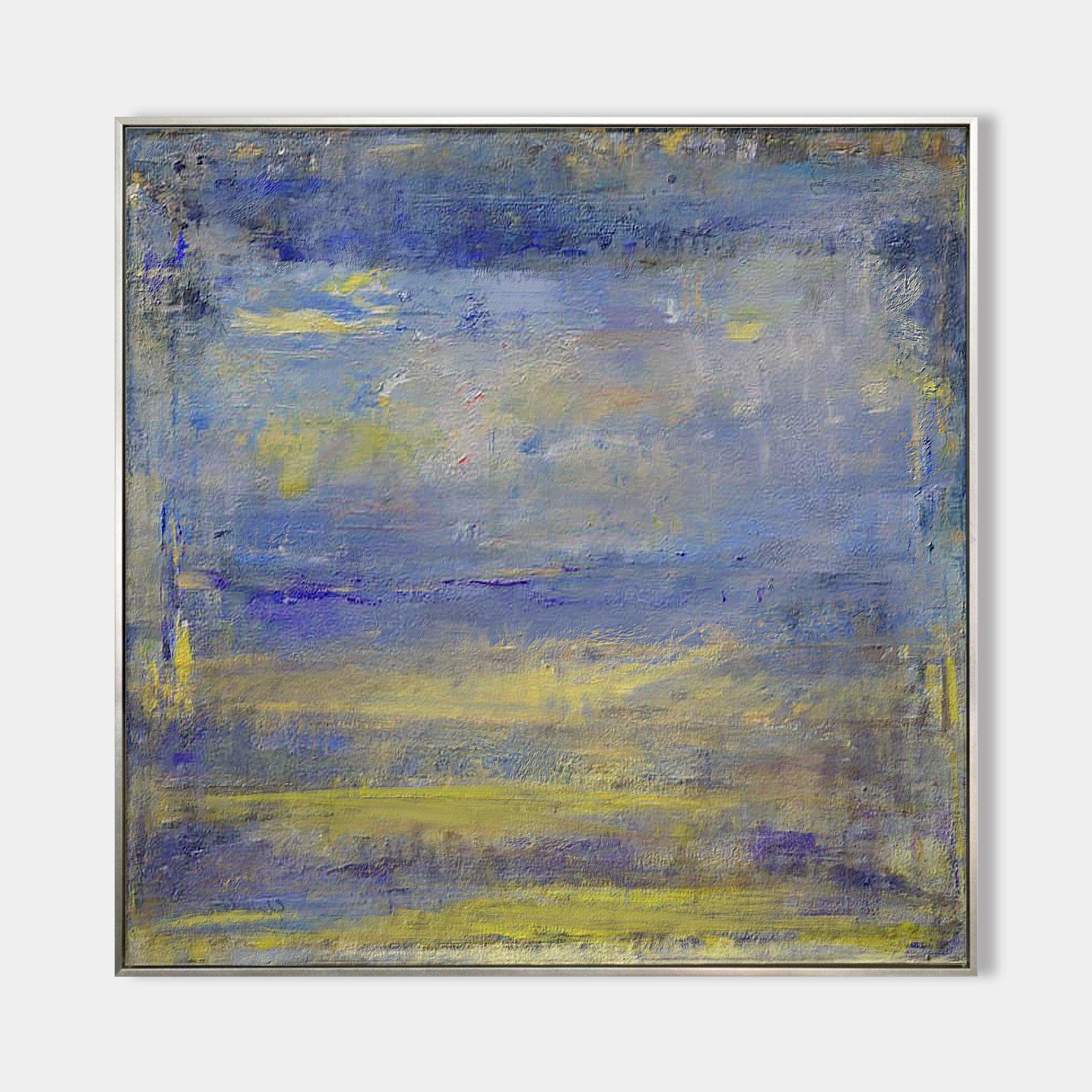 Original hand painted blue violet abstract oil painting canvas wall art, atmospheric dusk sky nordic scandinavian elegant luxury modern