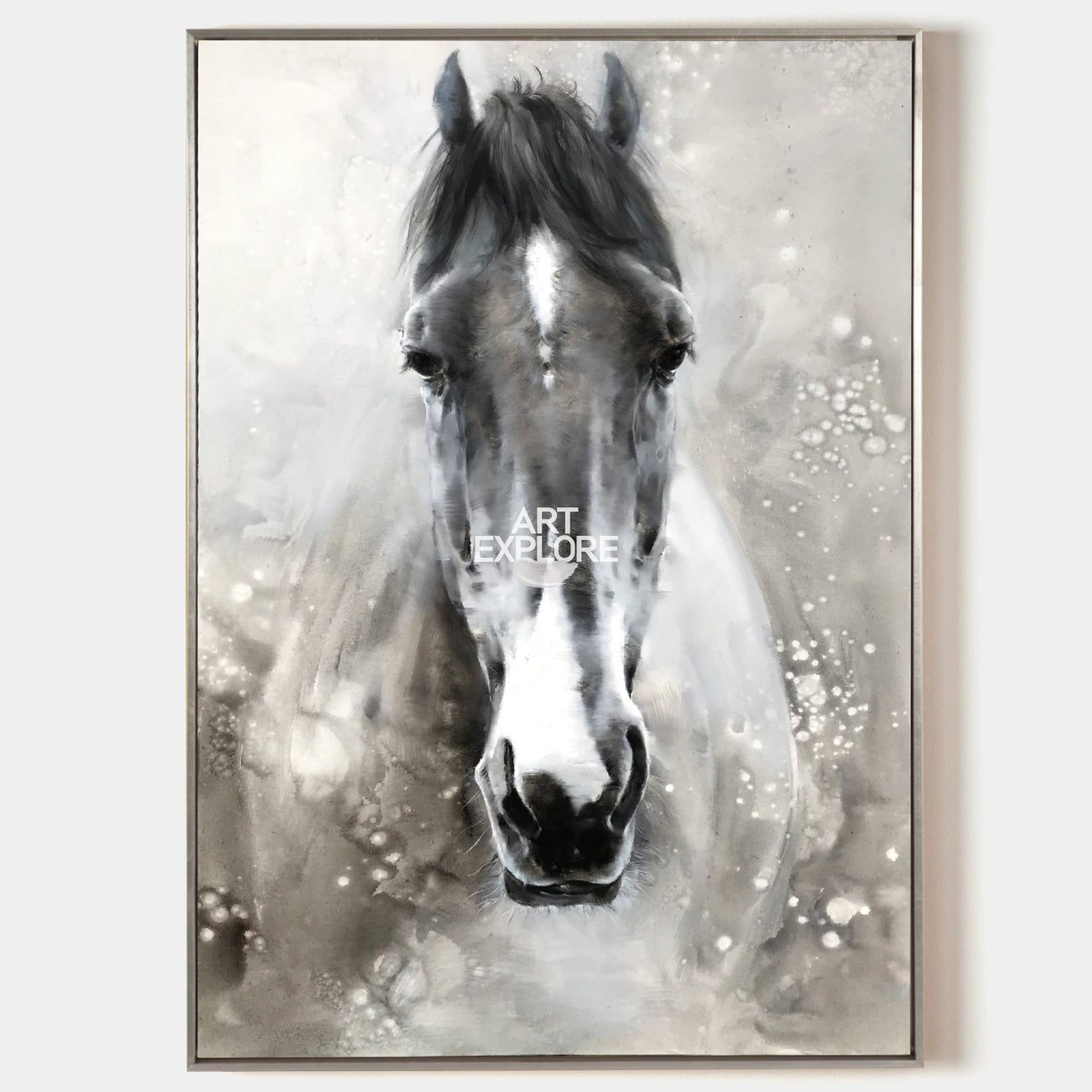 Original hand painted grey horse portrait oil painting canvas wall art, nordic scandinavian elegant luxury modern abstract home decor i