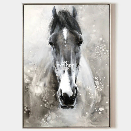 Original hand painted grey horse portrait oil painting canvas wall art, nordic scandinavian elegant luxury modern abstract home decor i