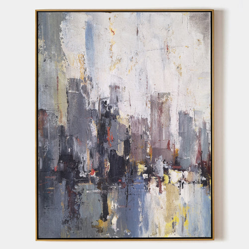 Hand painted original abstract oil painting canvas, grey charcoal gold urban cityscape wall art, elegant modern nordic scandinavian lux