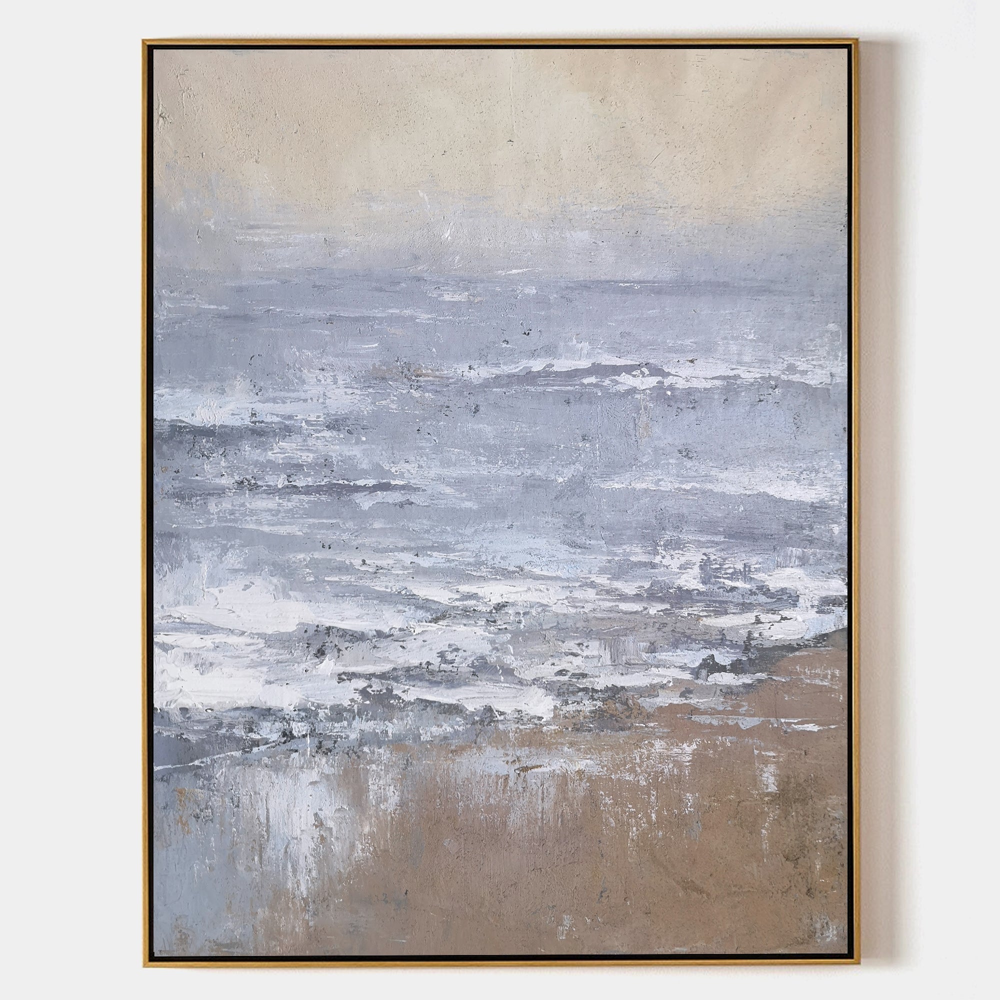 Original hand painted misty blue grey sandy beige coastal abstract oil painting canvas wall art nordic scandinavian elegant luxury mode