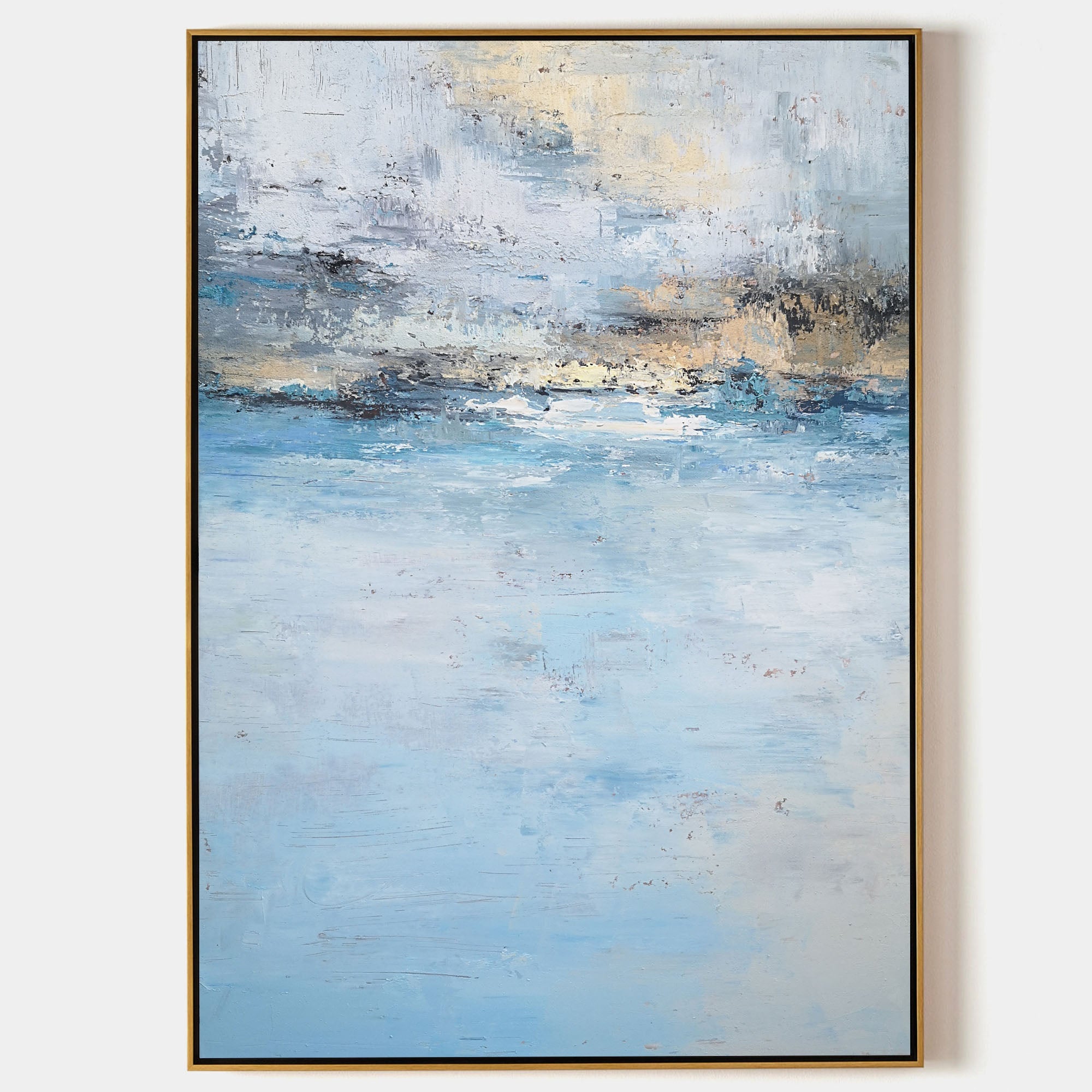 Original hand painted blue grey abstract coastal oil painting canvas wall art, nordic scandinavian minimalist elegant luxury modern liv
