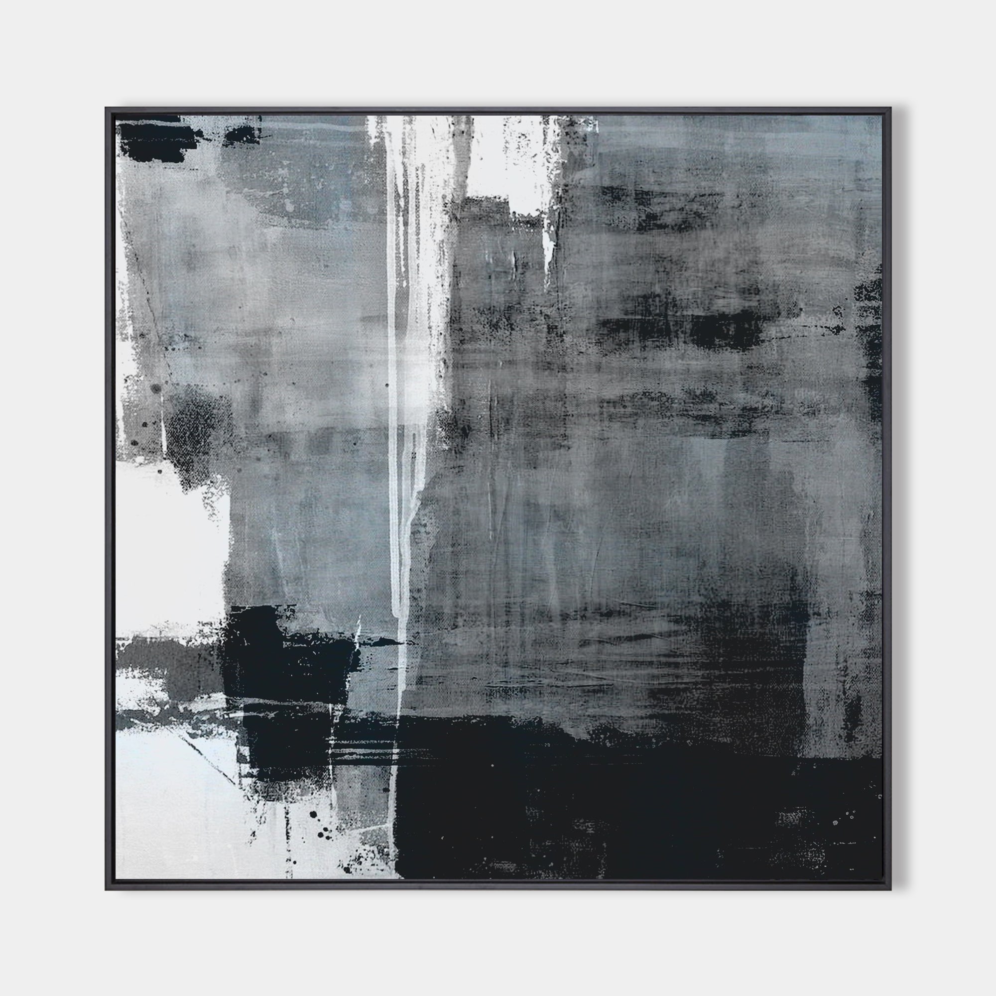 Original hand painted charcoal grey black white abstract oil painting canvas wall art, nordic scandinavian minimalist elegant luxury mo