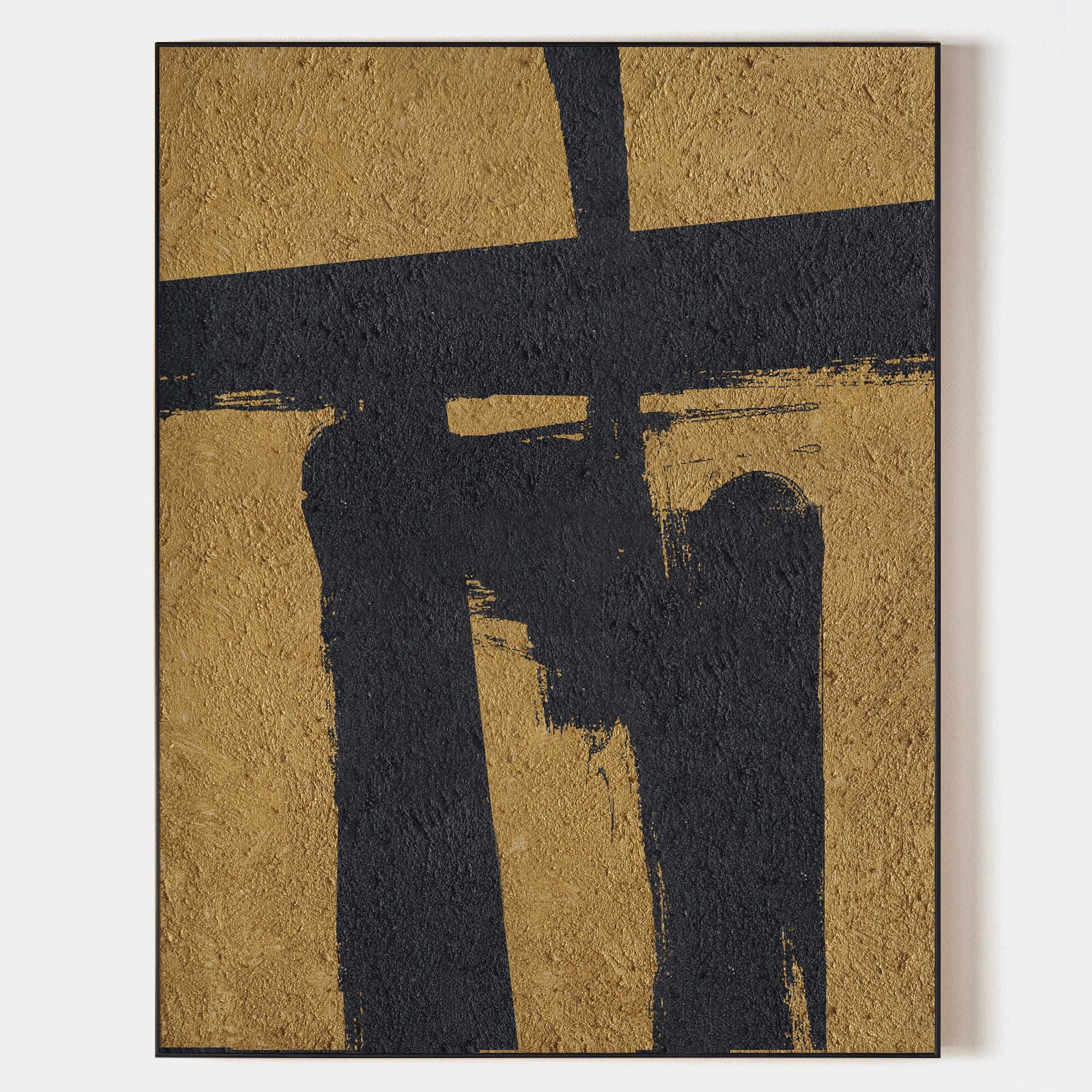Original hand painted ochre gold black geometric abstract oil painting canvas wall art, nordic scandinavian minimalist elegant luxury m