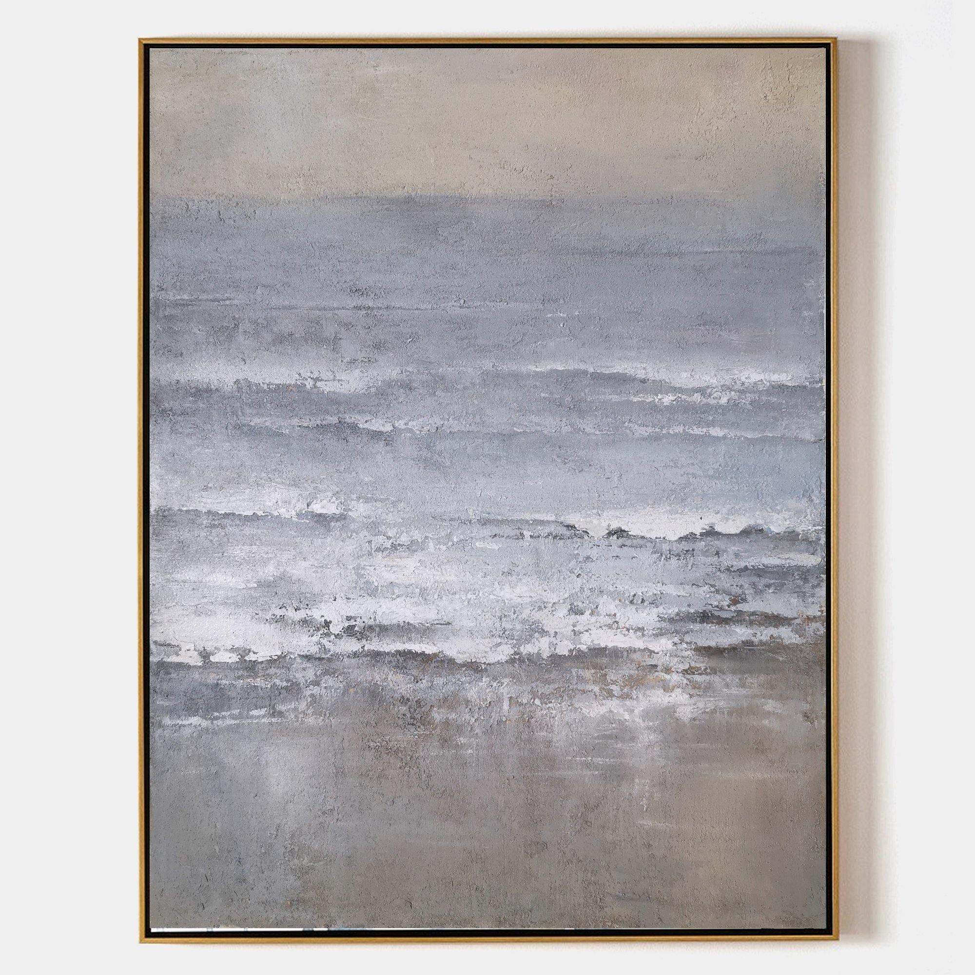 Original hand painted grey silver coastal abstract oil painting canvas wall art, nordic scandinavian minimalist elegant luxury modern h